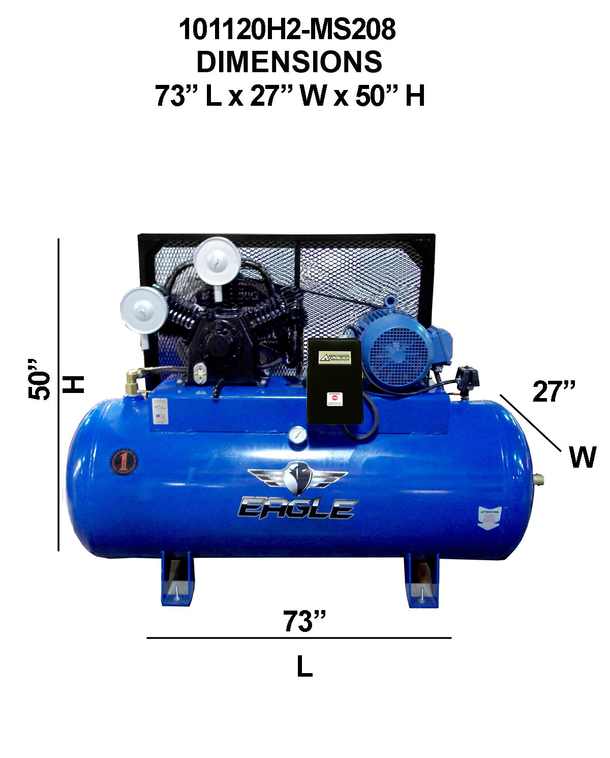 101120H2-MS208 Eagle 10HP Horizontal Single Phase Power 36CFM @ 100psi w/Mag Starter (200psi max) Two stage