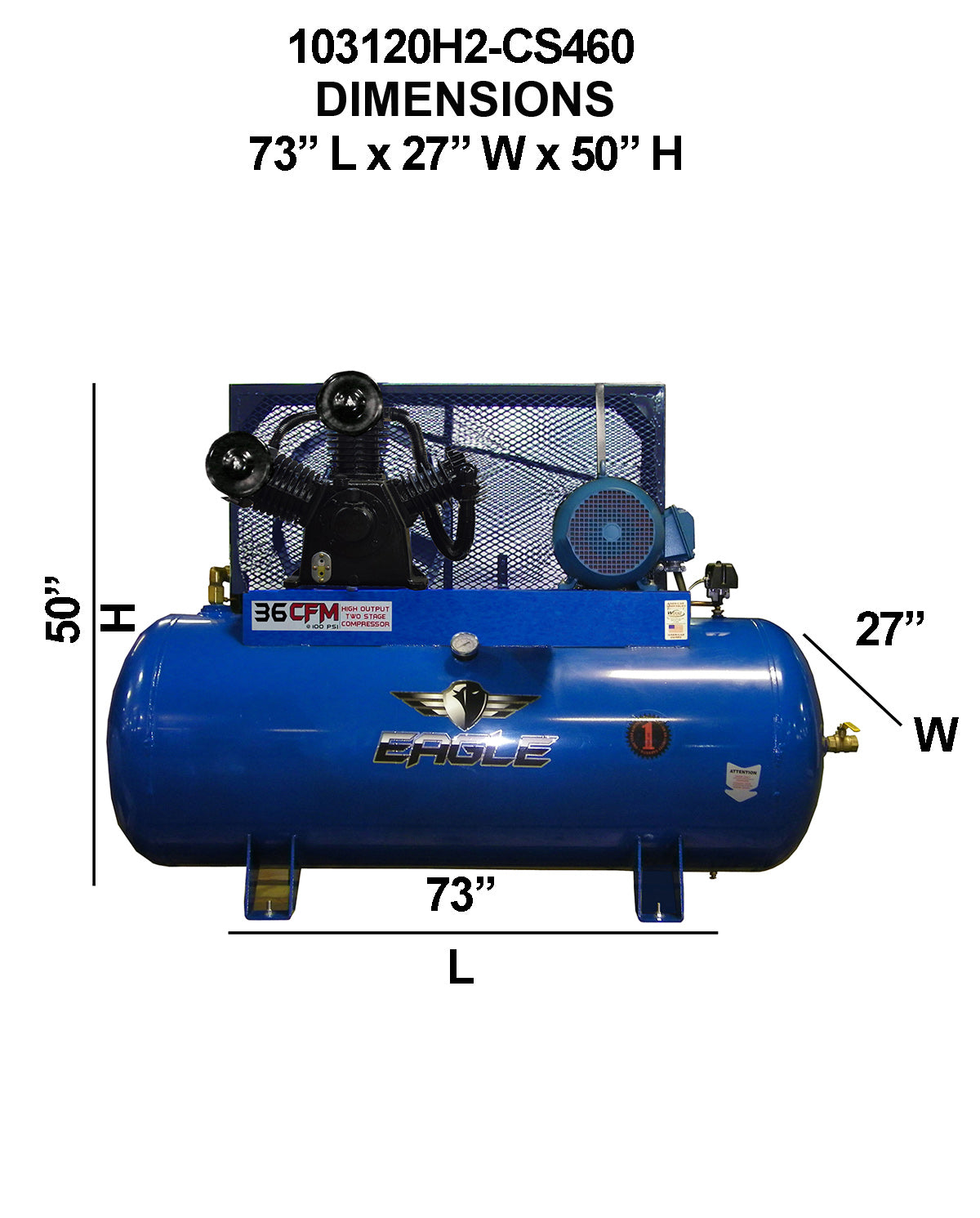 103120H2-MS208 Eagle 10HP Horizontal 3 Phase Power 36CFM @ 100psi w/Mag Starter (200psi max) 230 volt Two Stage