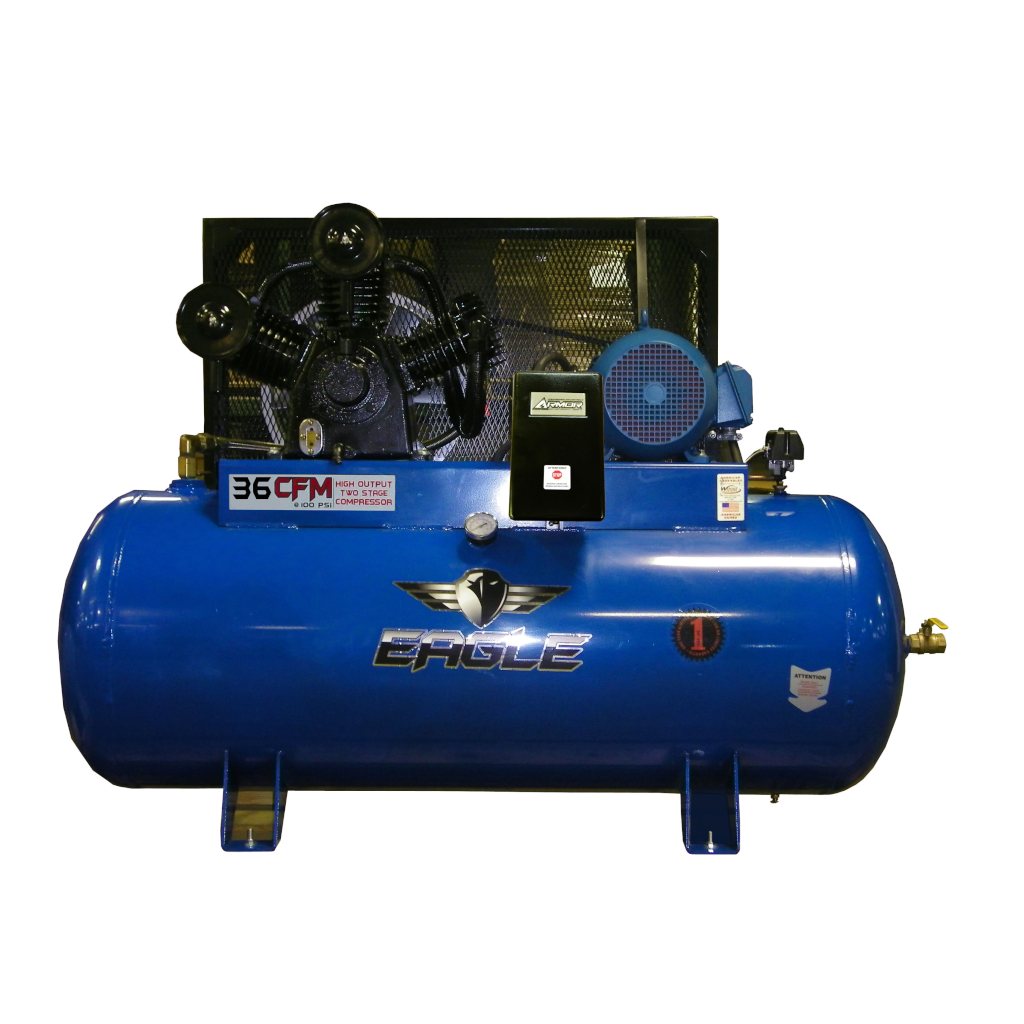 103120H2-MS208 Eagle 10HP Horizontal 3 Phase Power 36CFM @ 100psi w/Mag Starter (200psi max) 230 volt Two Stage