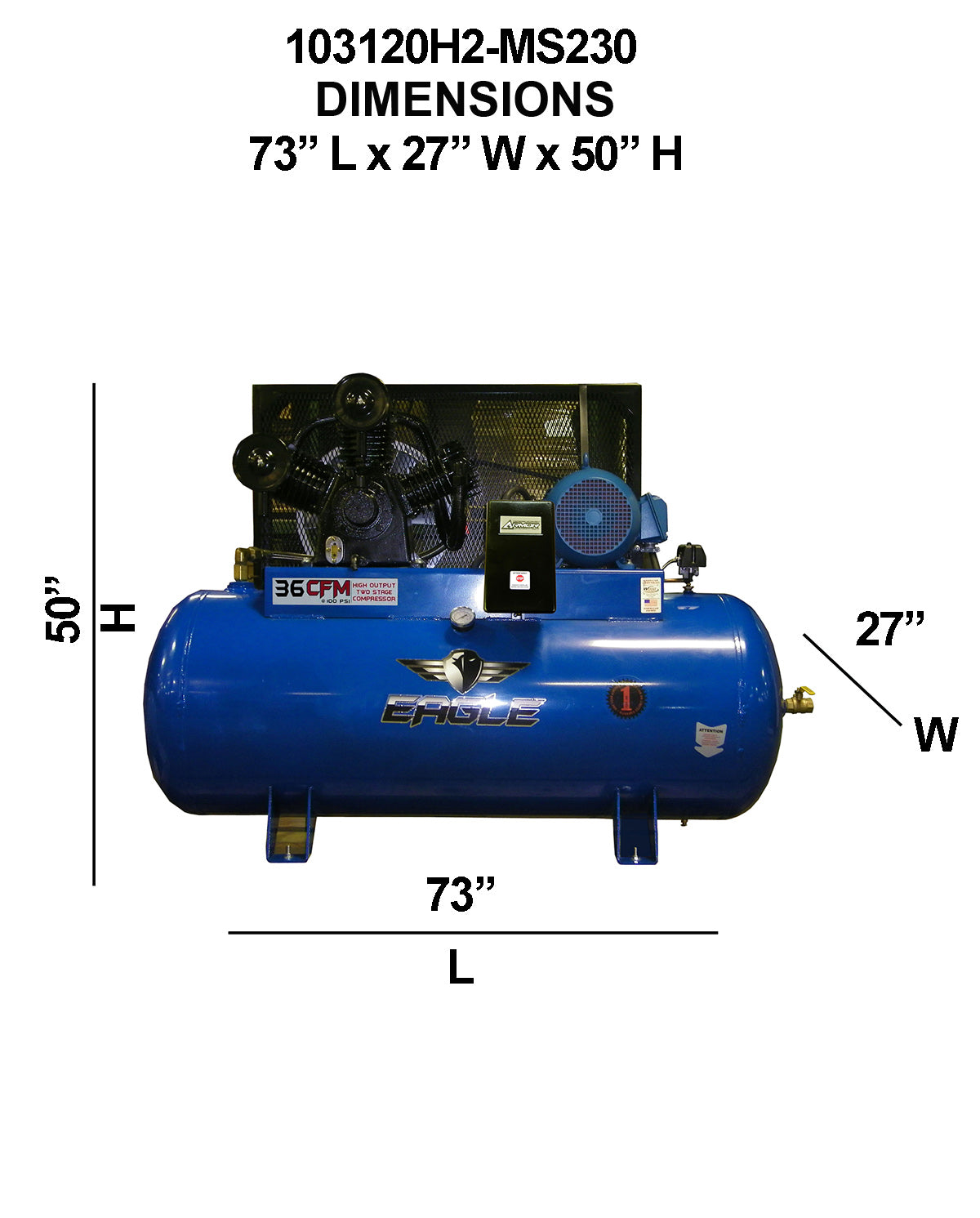 103120H2-MS230 Eagle 10HP Horizontal 3 Phase Power 36CFM @ 100psi w/Mag Starter (200psi max) 460 volt Two Stage