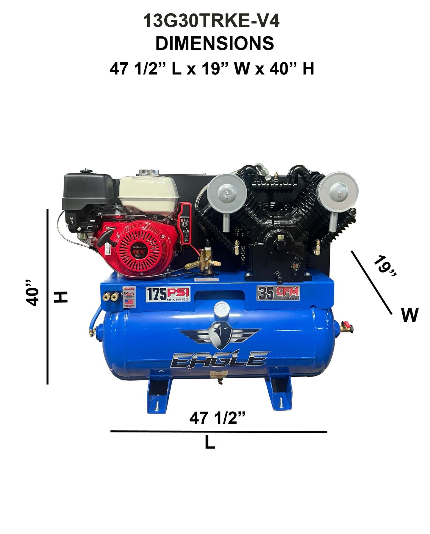 13G30TRKE-V4 Eagle 13 HP Honda Electric Start 35 CFM @ 100 psi ( 175 psi max ) Two Stage "4" Cylinder Pump