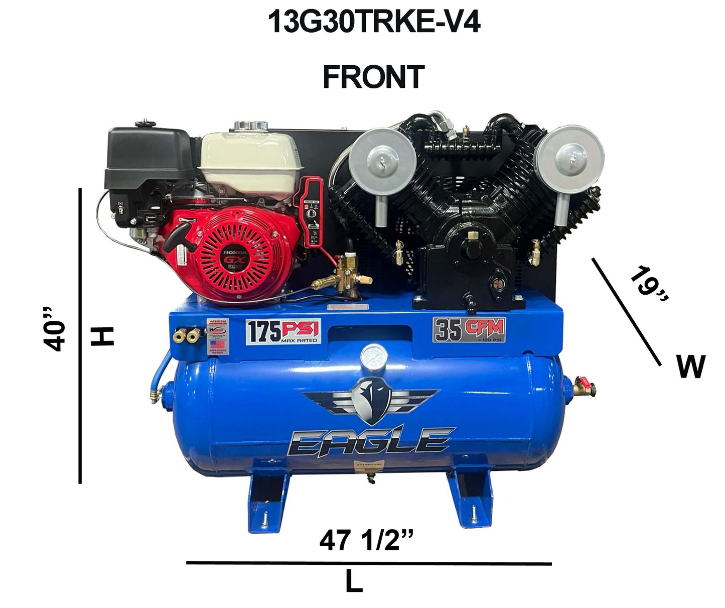 13G30TRKE-V4 Eagle 13 HP Honda Electric Start 35 CFM @ 100 psi ( 175 psi max ) Two Stage "4" Cylinder Pump
