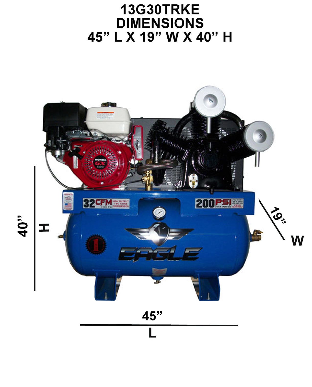 13G30TRKE Eagle 13 HP Honda Electric Start 32CFM @ 100psi (200psi max) Two Stage