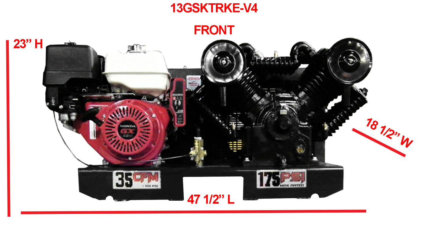13GSKTRKE-V4 Eagle 13 HP Honda Electric Start 35 CFM @ 100psi (175 psi max) Two Stage "4" Cylinder Pump Skid Mount - No Tank