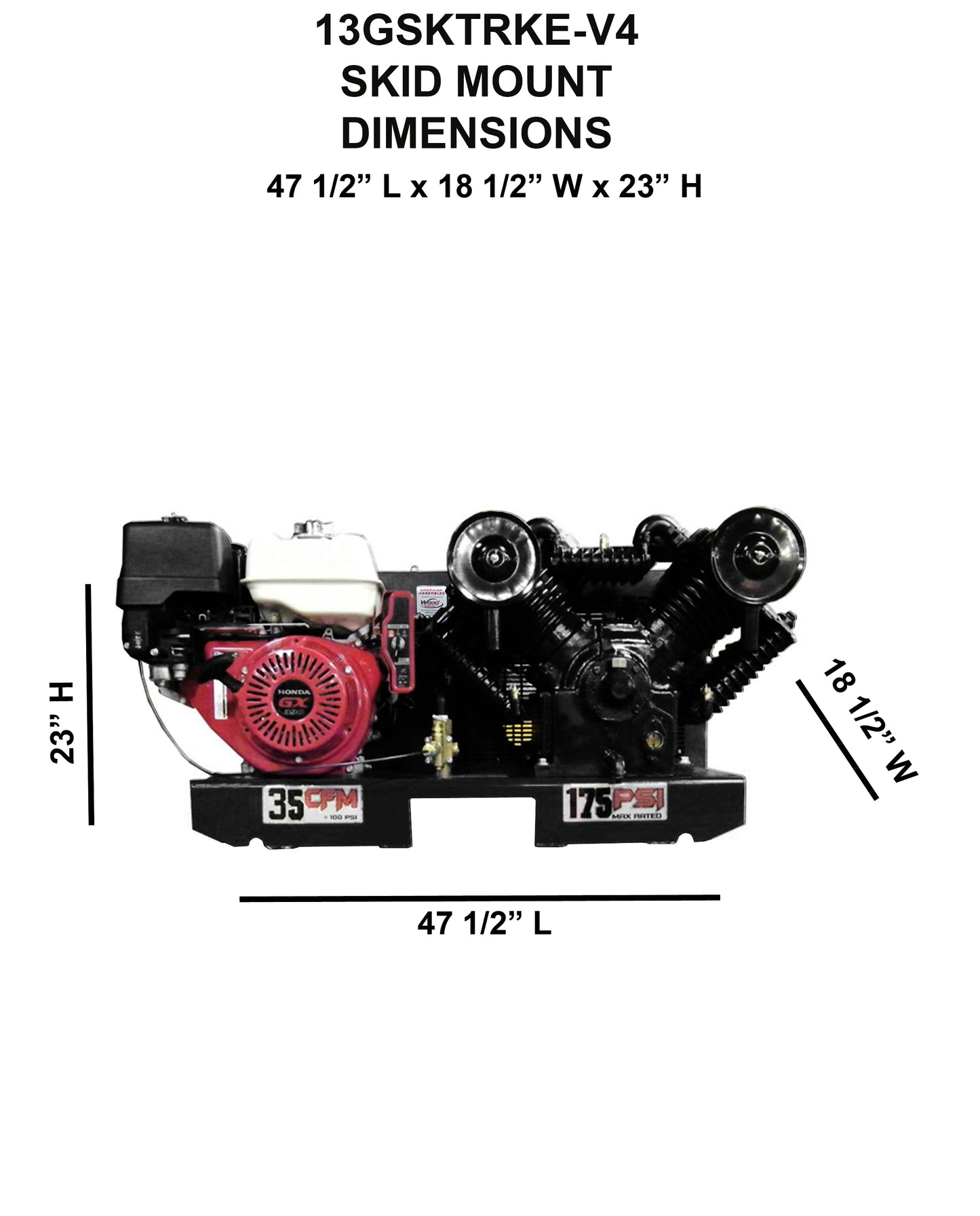 13GSKTRKE-V4 Eagle 13 HP Honda Electric Start 35 CFM @ 100psi (175 psi max) Two Stage "4" Cylinder Pump Skid Mount - No Tank