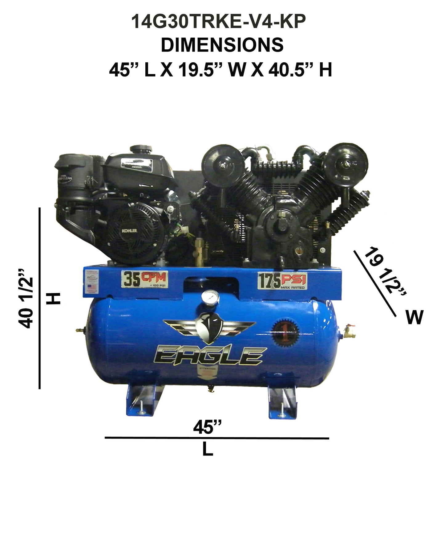 14G30TRKE-V4-KP Eagle 14 HP Kohler Electric Start 35 CFM @ 100 psi ( 175 psi max ) Two Stage "4" Cylinder Pump