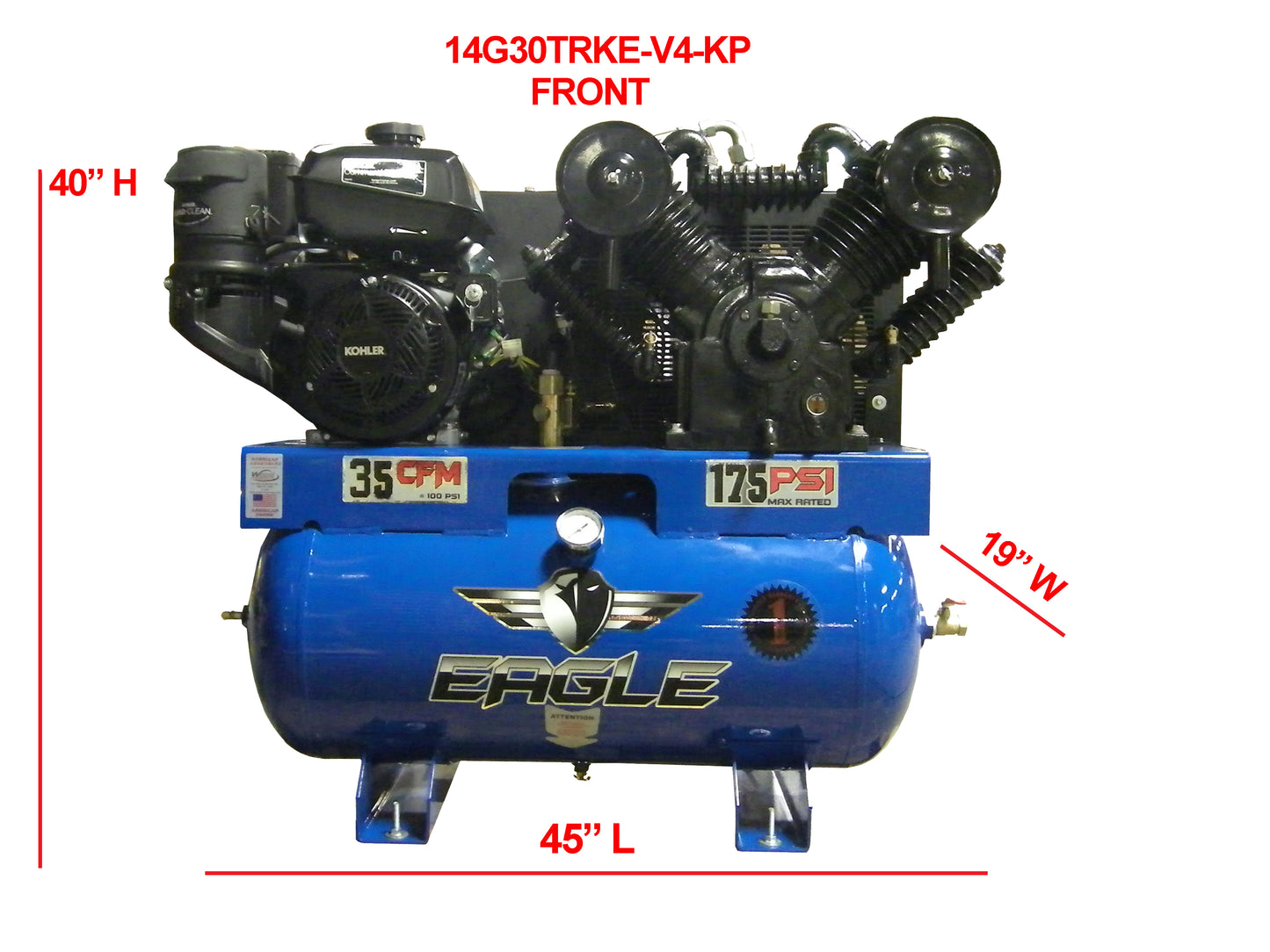 14G30TRKE-V4-KP Eagle 14 HP Kohler Electric Start 35 CFM @ 100 psi ( 175 psi max ) Two Stage "4" Cylinder Pump