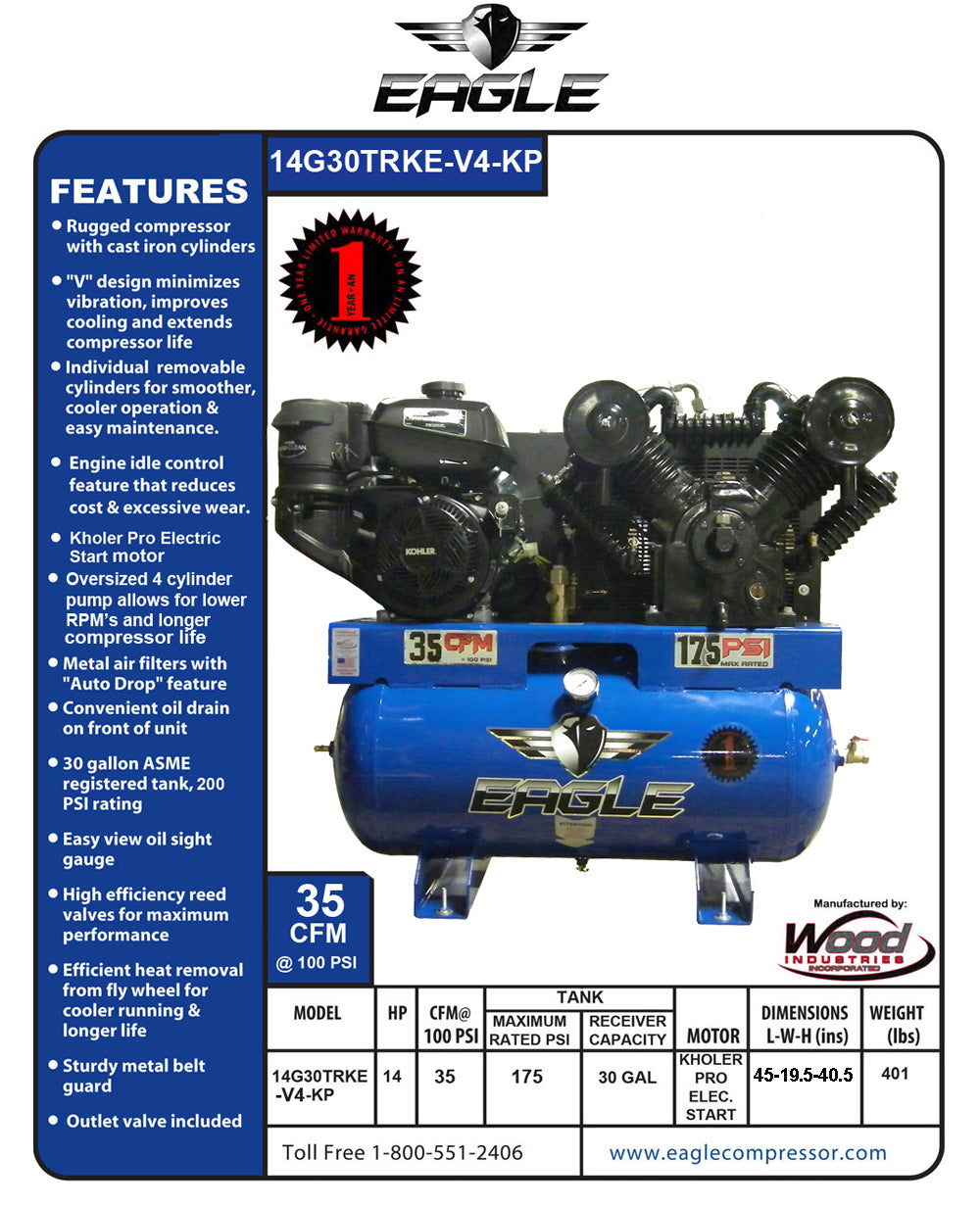 14G30TRKE-V4-KP Eagle 14 HP Kohler Electric Start 35 CFM @ 100 psi ( 175 psi max ) Two Stage "4" Cylinder Pump