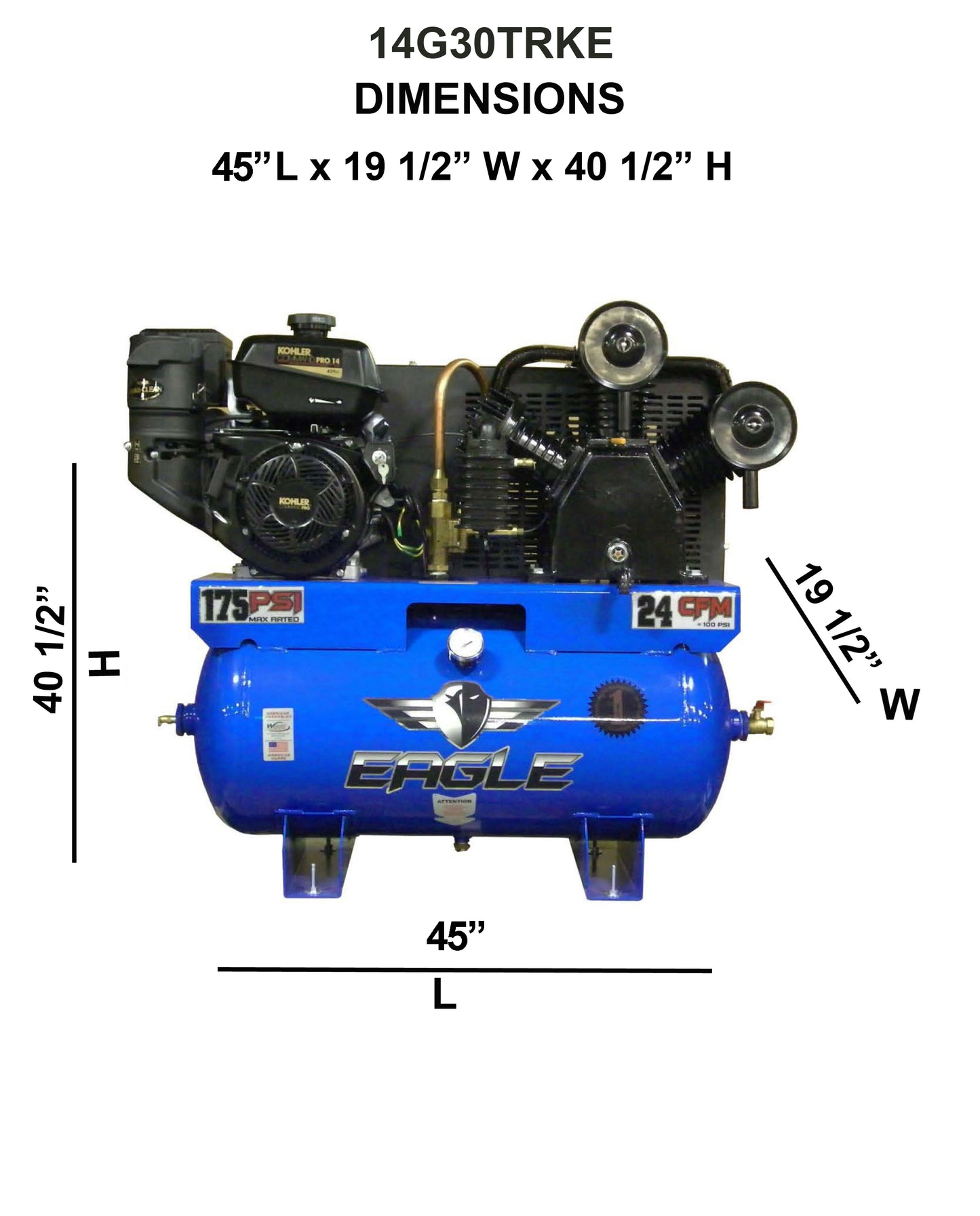 14G30TRKE Eagle 14 HP Kohler Pro Electric Start 24CFM @ 100psi (175psi max) Two Stage