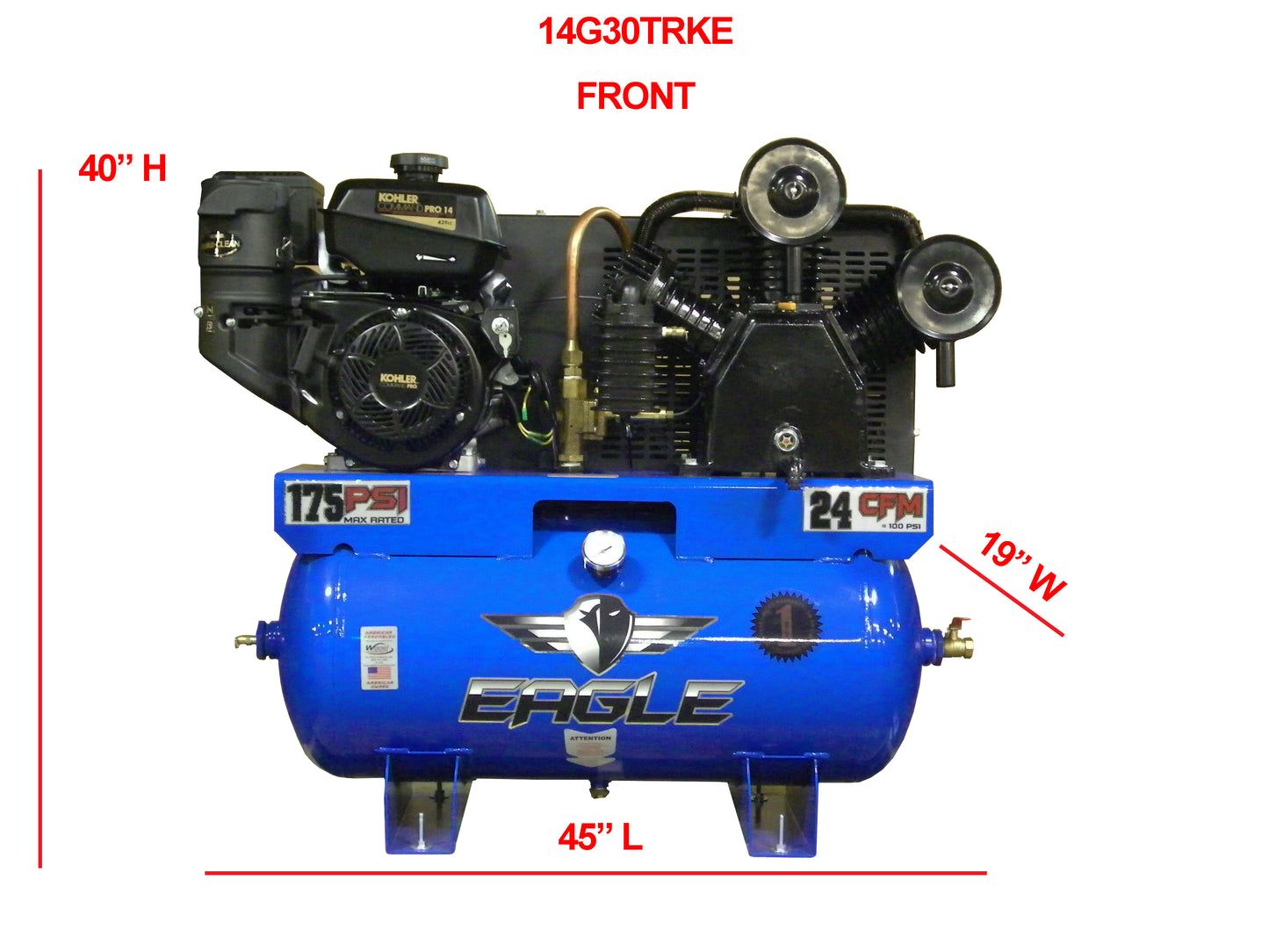 14G30TRKE Eagle 14 HP Kohler Pro Electric Start 24CFM @ 100psi (175psi max) Two Stage