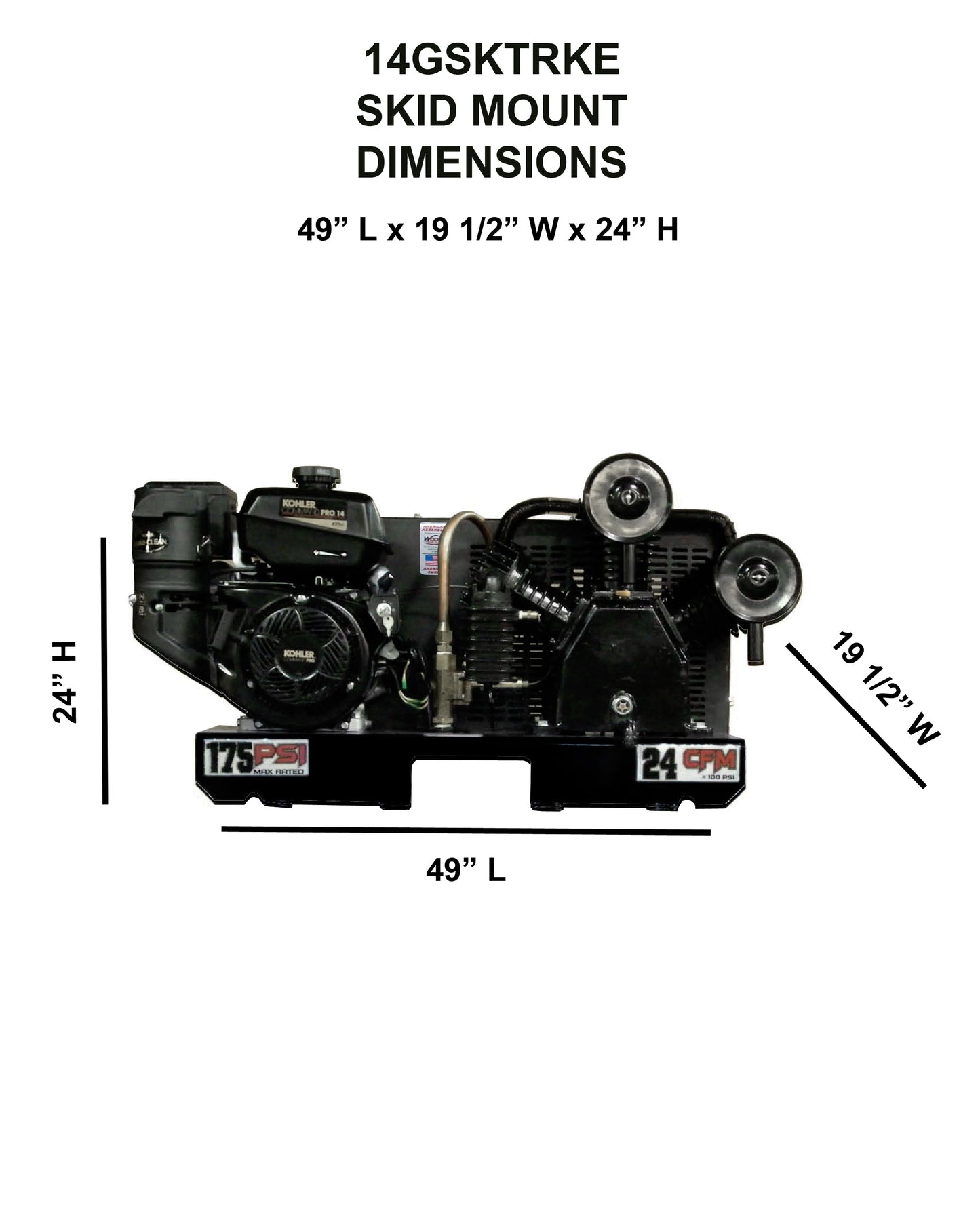 14GSKTRKE Eagle 14 HP Kohler Pro Electric Start 24CFM @ 100psi (175psi max) Two Stage Skid Mount - No Tank