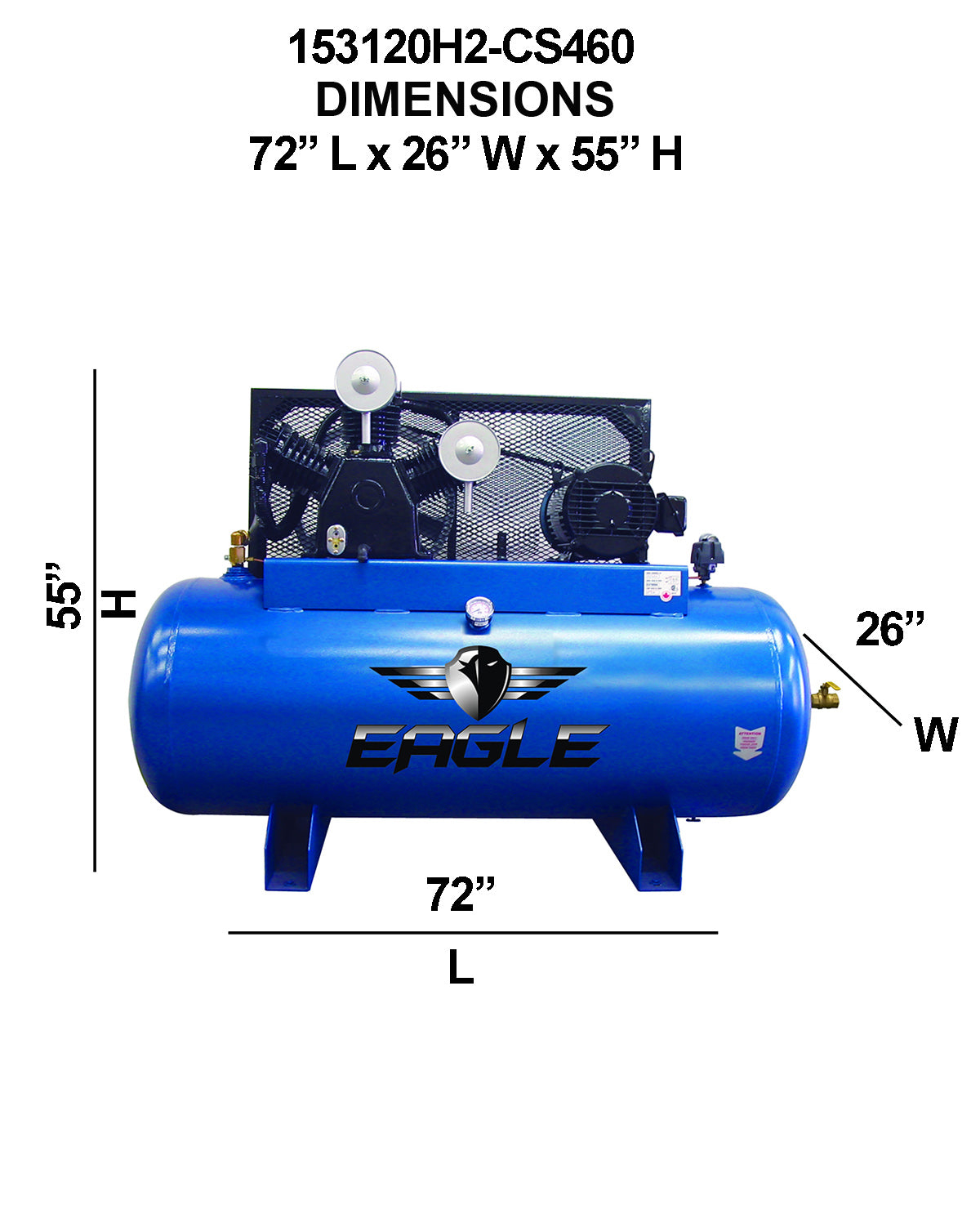 153120H2-CS460 Eagle 15HP Horizontal 3 Phase Power 45 CFM @ 100psi w/Combo Switch (200psi max) 460 volt Two Stage