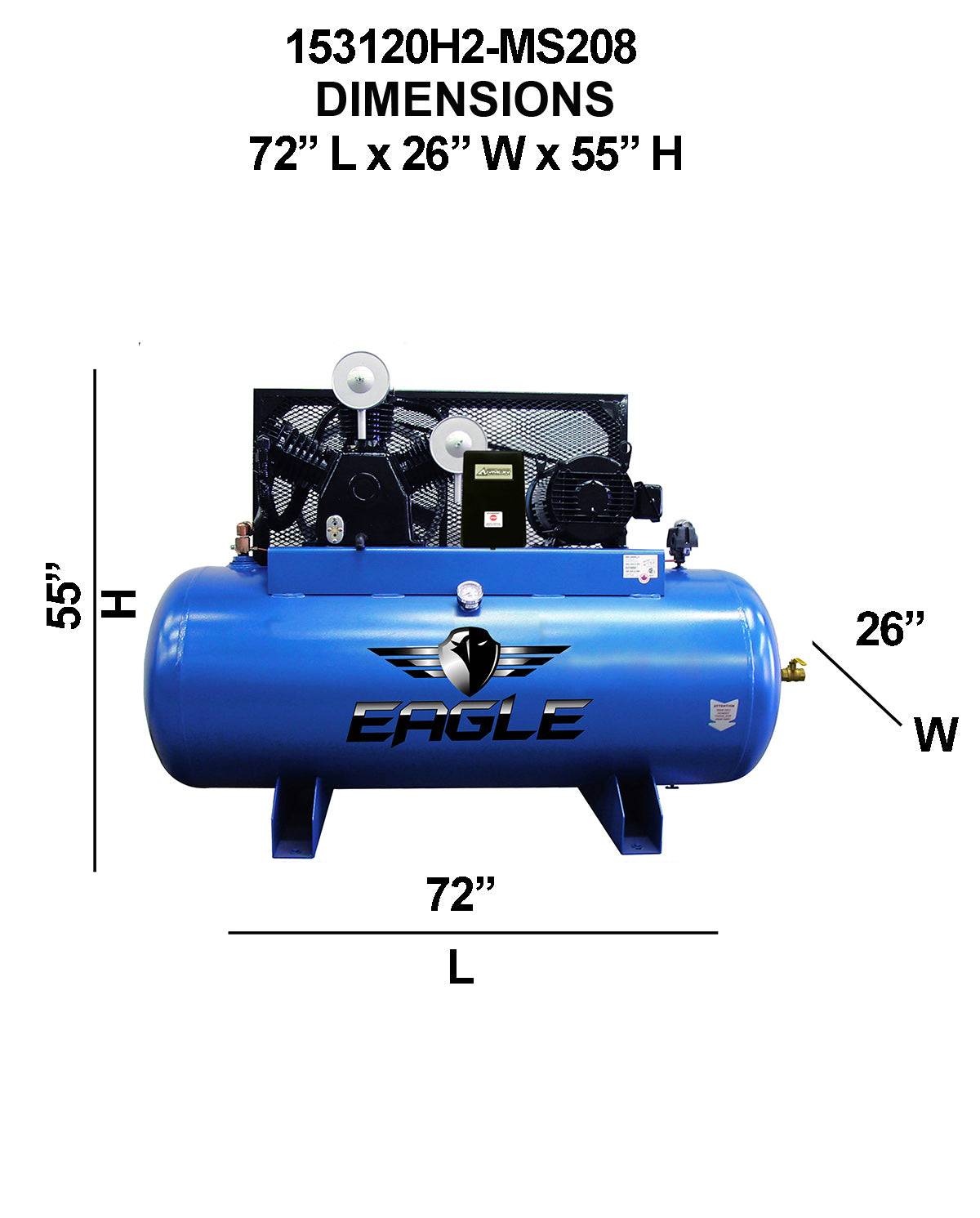 153120H2-MS208 Eagle 15HP Horizontal 3 Phase Power 45 CFM @ 100psi w/Mag Starter (200psi max) 208 volt Two Stage