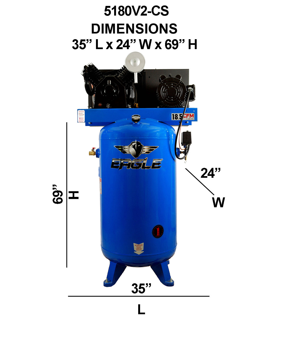 5180V2-CS Eagle 5 HP Upright 18.5CFM @ 100psi (175 psi max) Two Stage