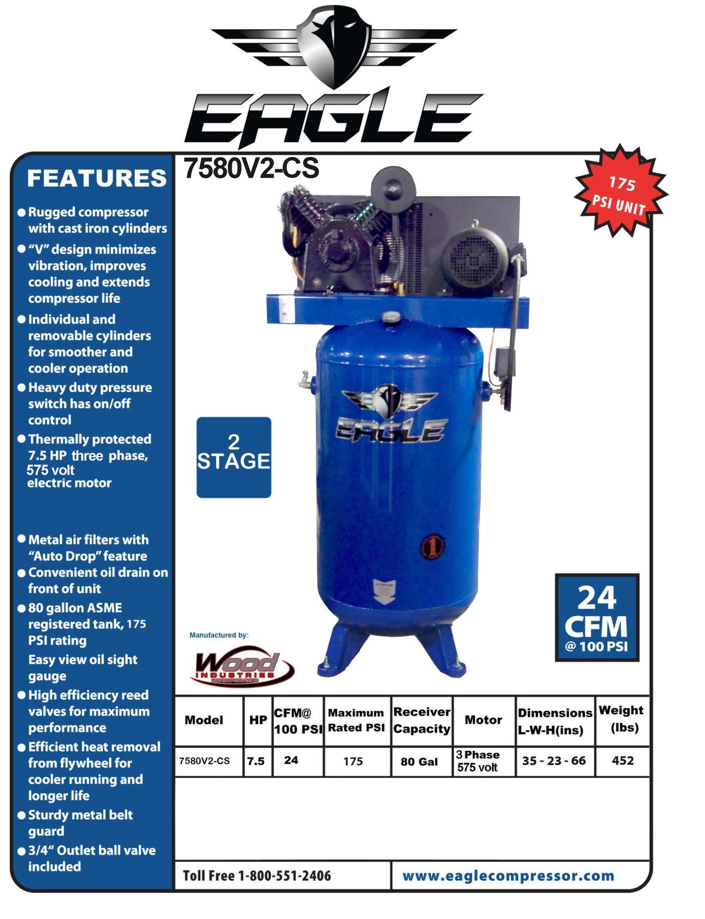 7580V2-CS Eagle 7.5HP Upright 24CFM w/Combo Switch (175psi max ) w/3 Phase power 575 volt Two Stage