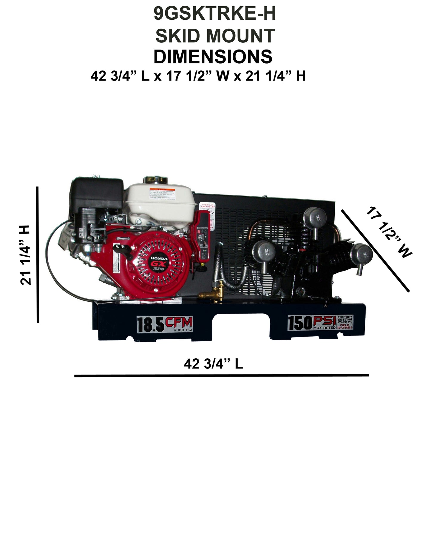 9GSKTRKE-H Eagle 9 HP Honda Electric Start 18.5CFM @ 100psi (150psi max) Skid Mount - No Tank