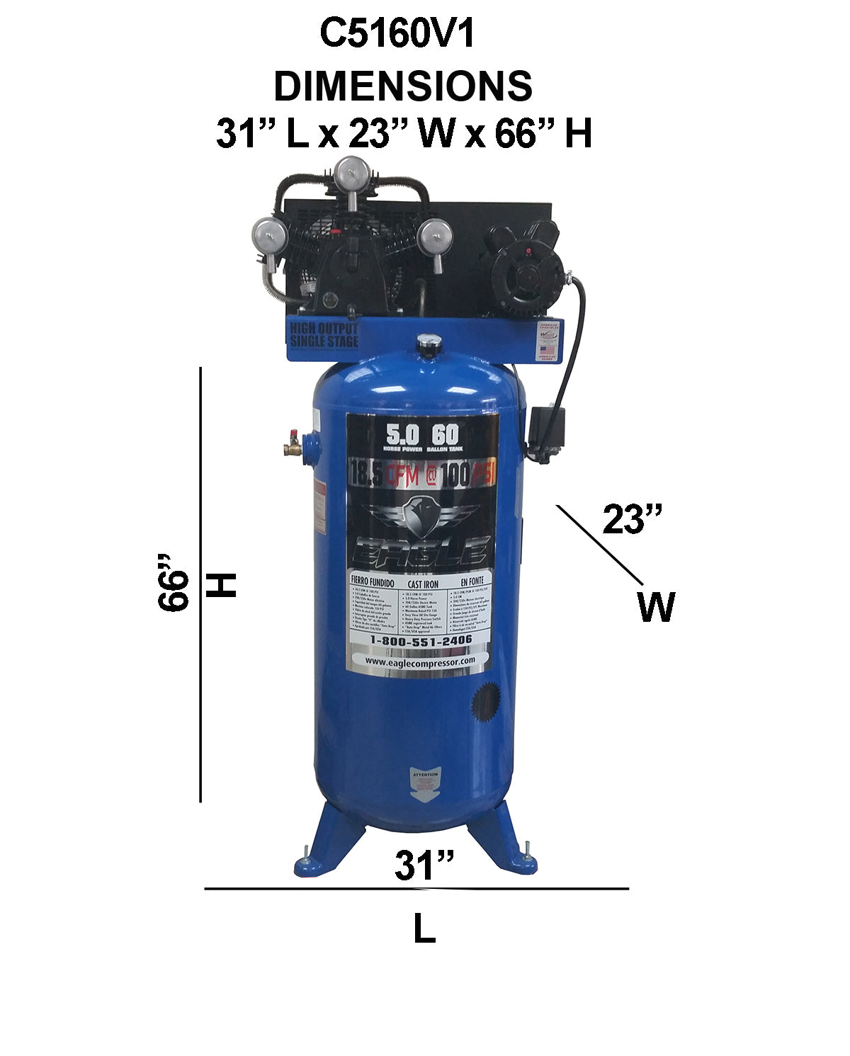 C5160V1 Eagle 5 HP Upright 18.5CFM @ 100psi (150psi max)