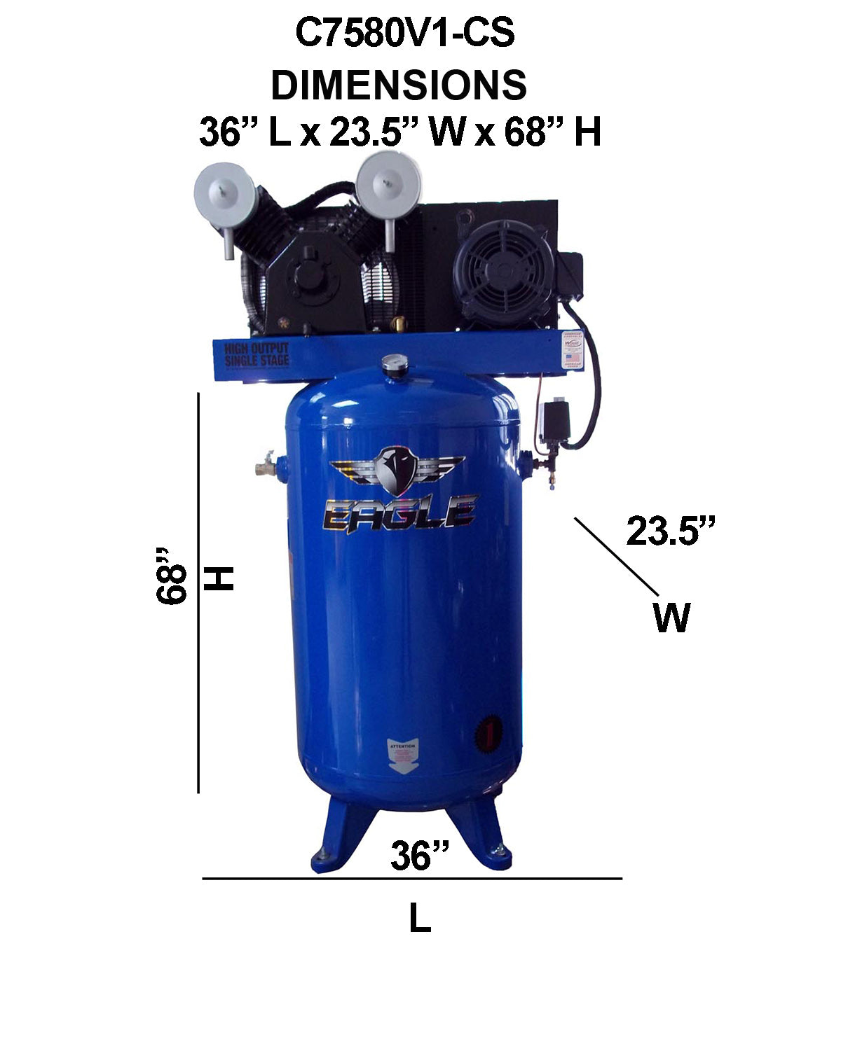 C7580V1-CS Eagle 7.5HP Upright 30CFM @ 100psi w/Combo Switch (150psi max ) w/ 3 Phase power 575 volt