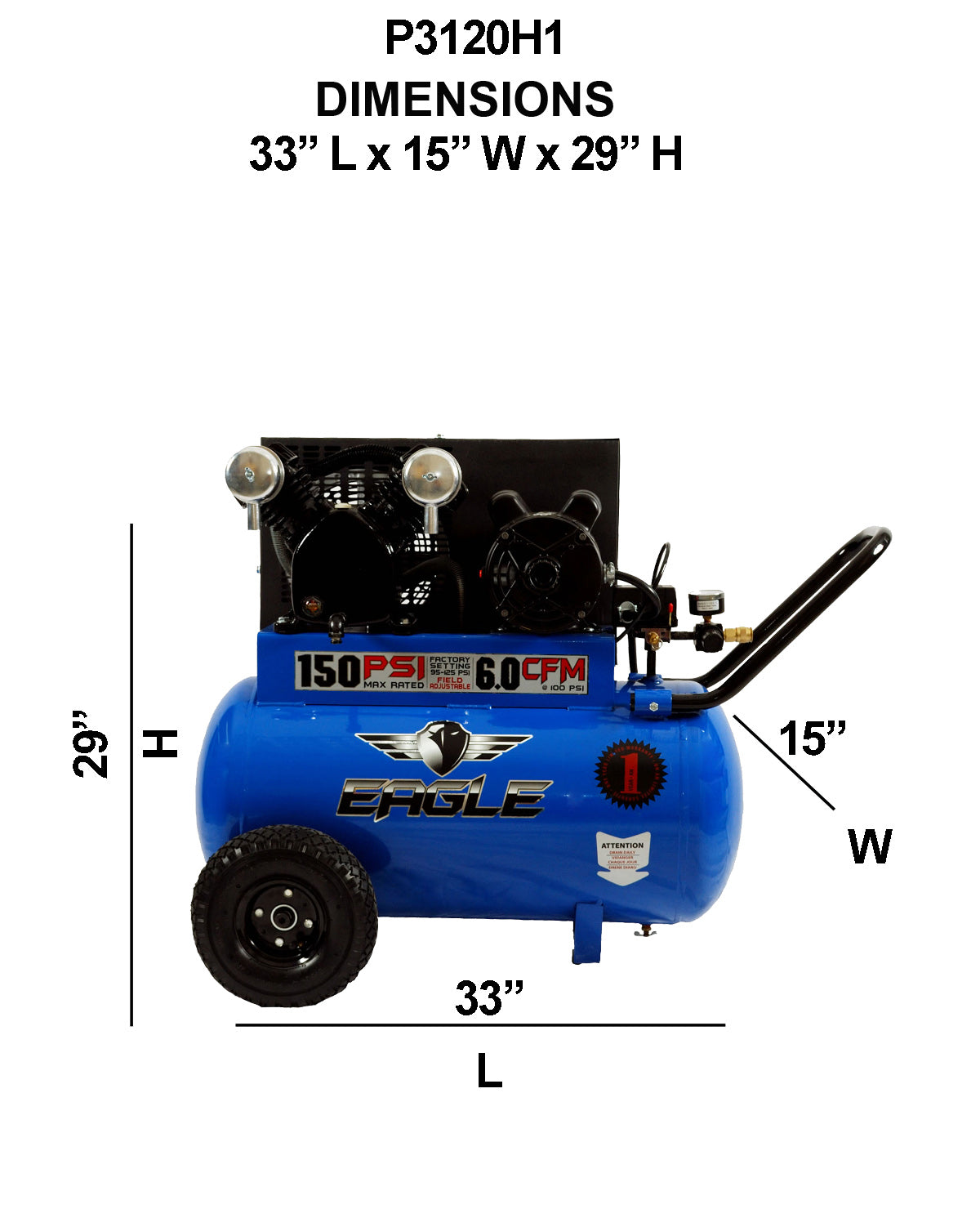 P3120H1 Eagle 3 HP Peak Portable Horizontal 6CFM @ 100psi Belt Drive (150psi max)