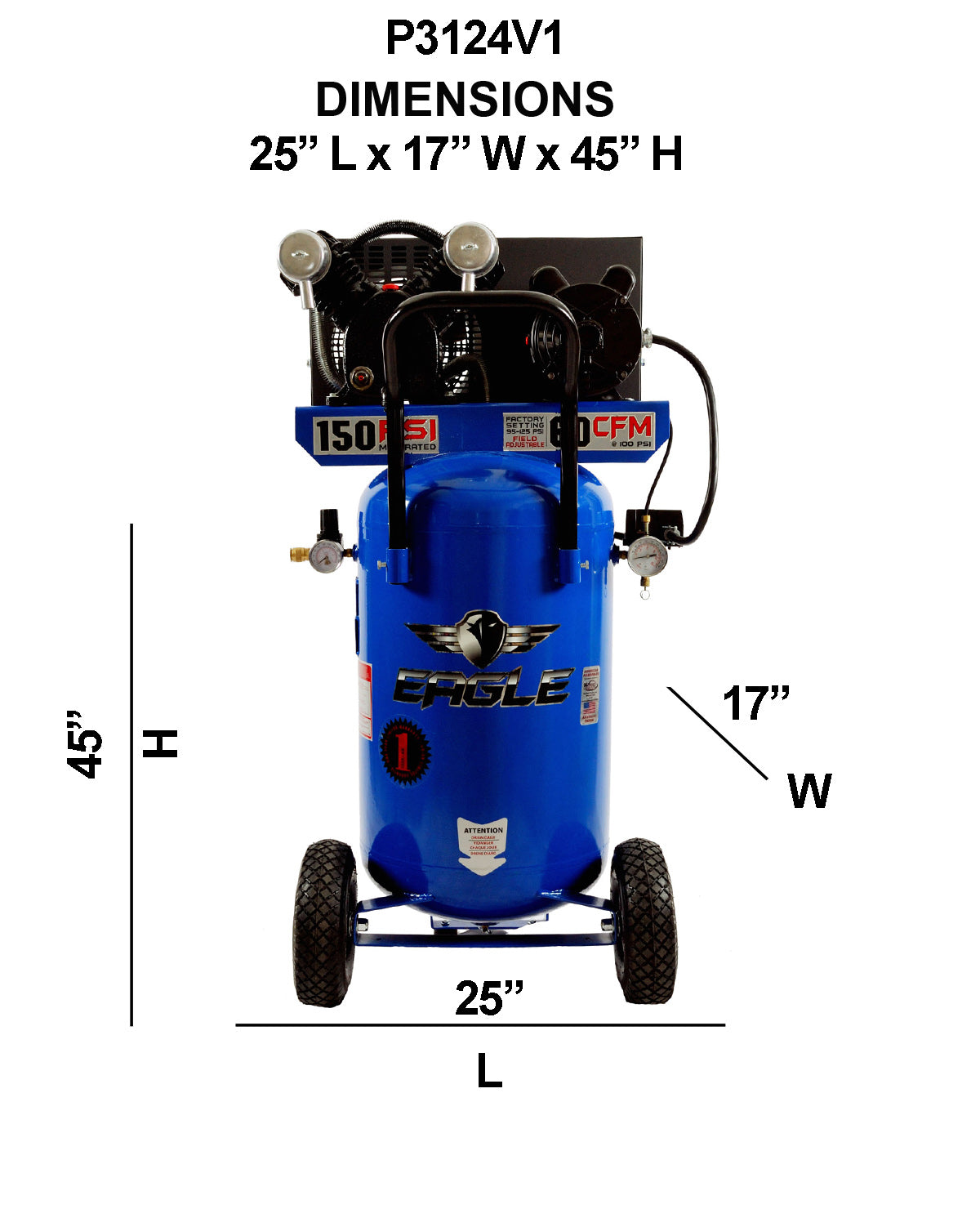 P3124V1 Eagle 3 HP Peak Portable Verticle 6CFM @ 100psi Belt Drive (150psi max)