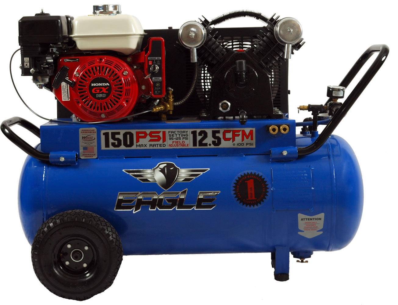 P55GE25H1 Eagle 5.5HP Honda Electric Start Portable Horizontal 12.5CFM @100psi (150psi max)