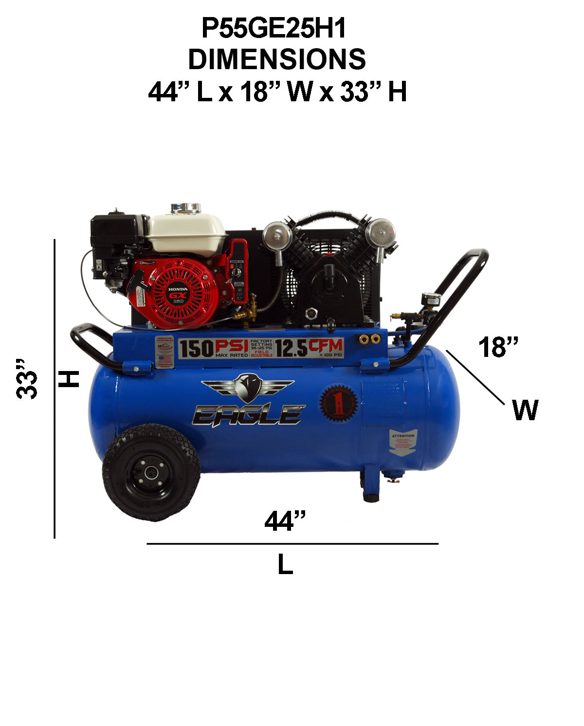 P55GE25H1 Eagle 5.5HP Honda Electric Start Portable Horizontal 12.5CFM @100psi (150psi max)