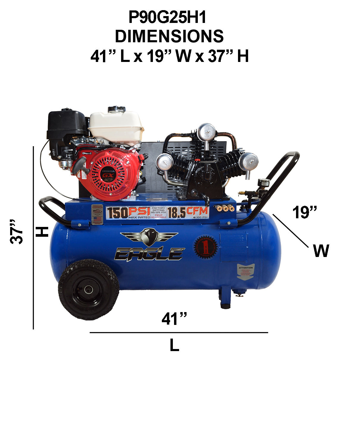 P90G25H1 Eagle 9HP Honda Portable Horizontal 18.5CFM @ 100psi (150psimax)