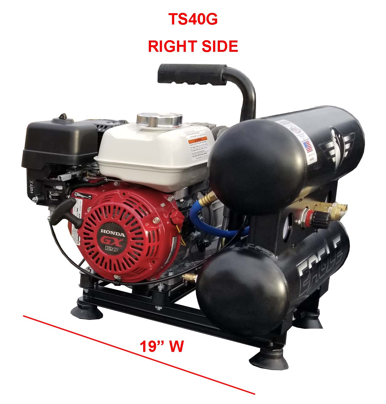 TS40G Eagle 4HP Honda (GX120) Twin Stack Hand Carry 7.4 CFM @ 100psi (150psi max)