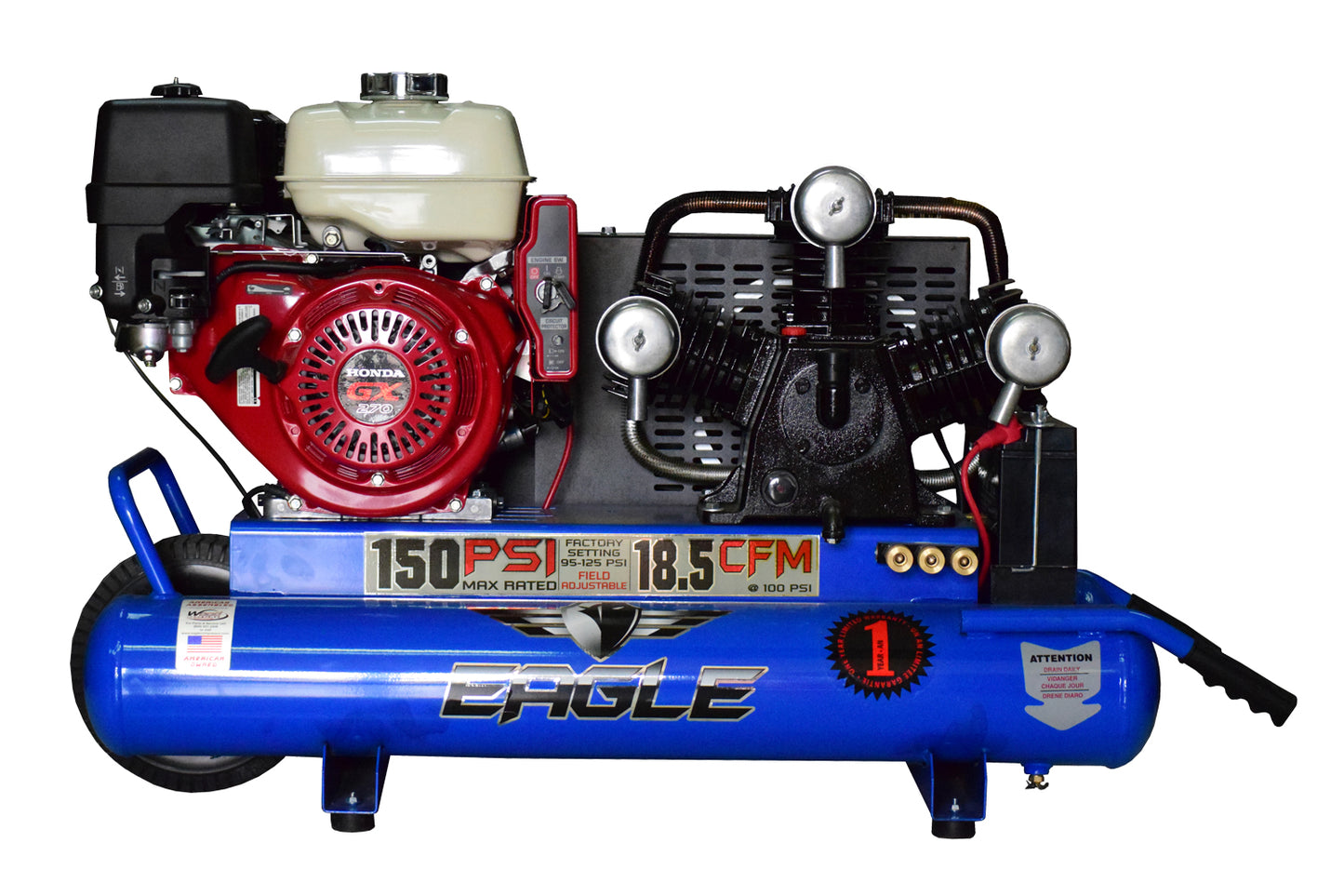 TT90GE Eagle 9HP Honda Electric Start Twin Tank Wheelbarrow 18.5CFM @ 100psi (150psi max)