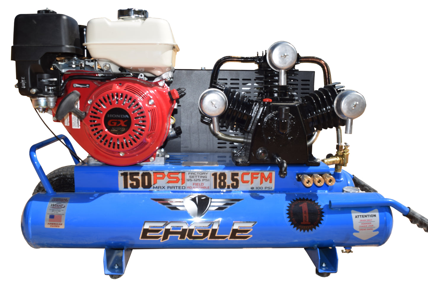 TT90G Eagle 9HP Honda Twin Tank Wheelbarrow 18.5CFM @ 100psi (150psi max)