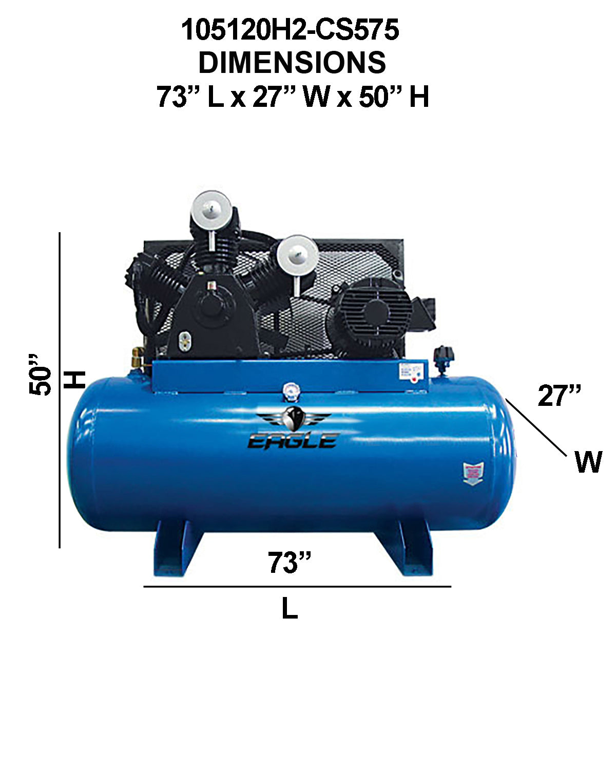 105120H2-CS575 Eagle 10HP Horizontal 3 Phase Power 36CFM @ 100psi w/Combo Switch (200psi max) 460 volt Two Stage