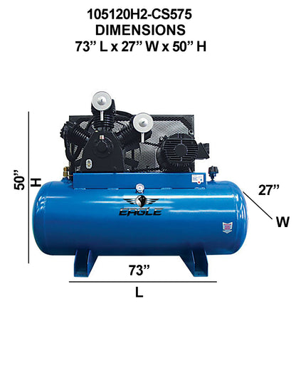 105120H2-CS575 Eagle 10HP Horizontal 3 Phase Power 36CFM @ 100psi w/Combo Switch (200psi max) 460 volt Two Stage