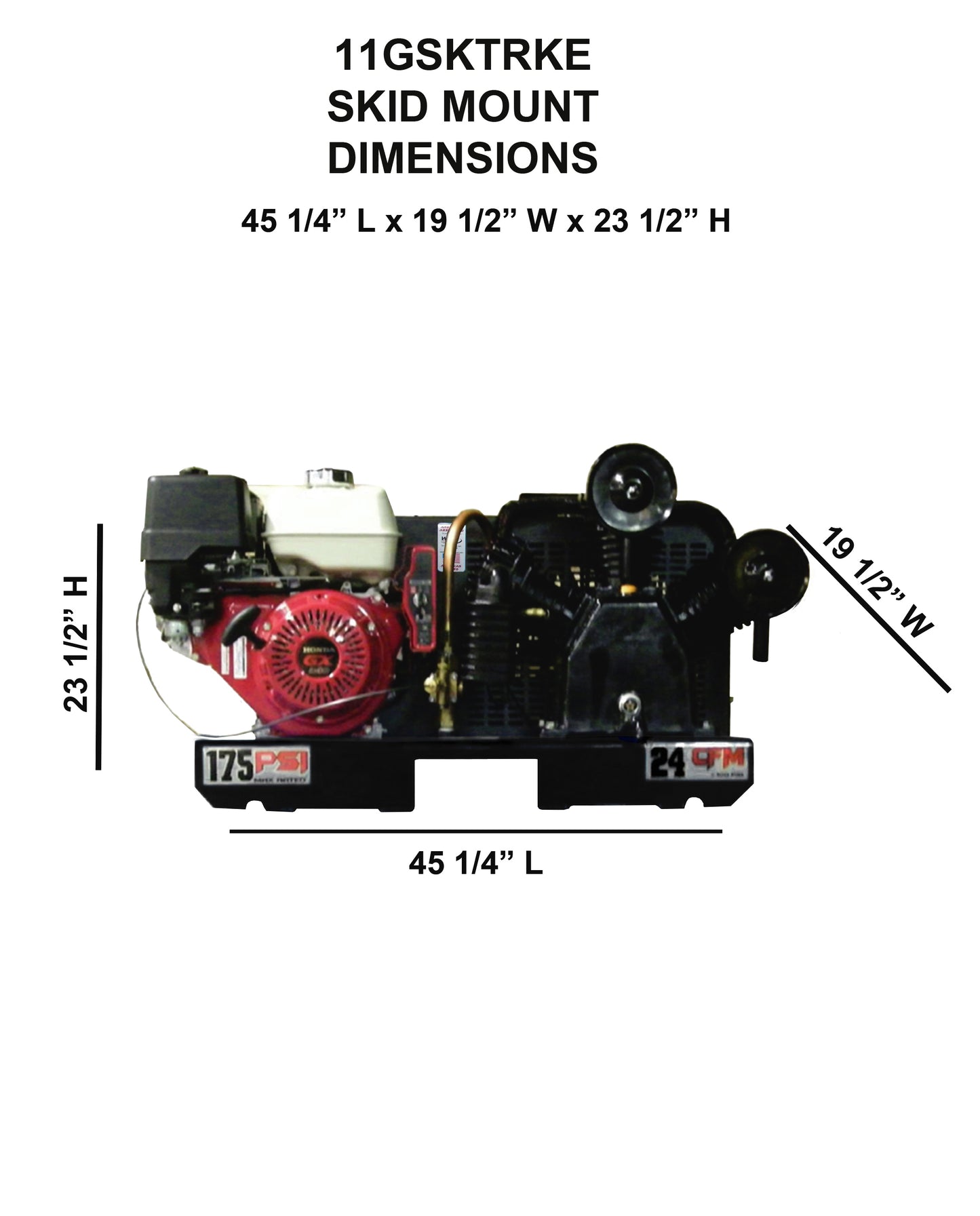 11GSKTRKE Eagle 13 HP Honda Electric Start 24CFM @ 100psi (175psi max) Two Stage  Skid Mount - No Tank