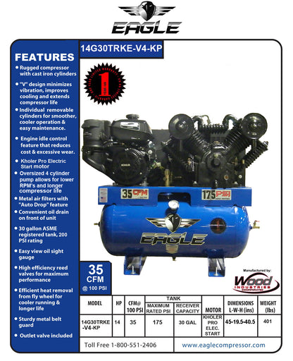 14G30TRKE-V4-KP Eagle 14 HP Kohler Electric Start 35 CFM @ 100 psi ( 175 psi max ) Two Stage "4" Cylinder Pump