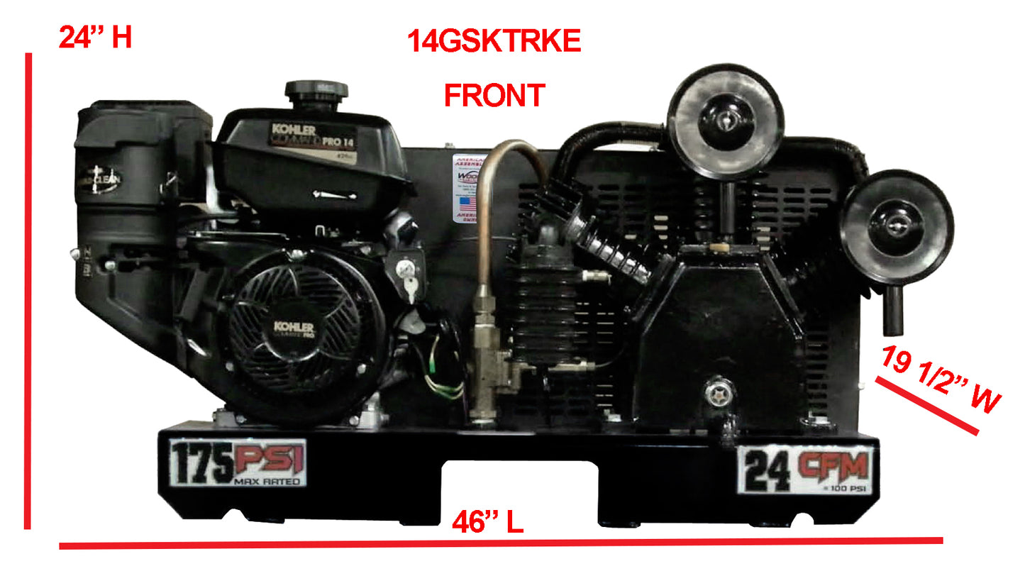 14GSKTRKE Eagle 14 HP Kohler Pro Electric Start 24CFM @ 100psi (175psi max) Two Stage     Skid Mount - No Tank