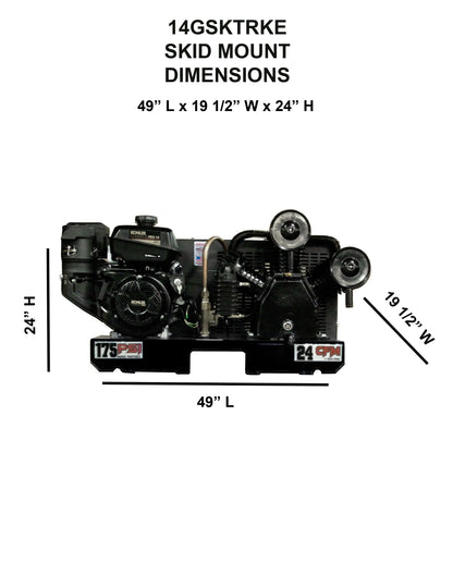 14GSKTRKE Eagle 14 HP Kohler Pro Electric Start 24CFM @ 100psi (175psi max) Two Stage     Skid Mount - No Tank