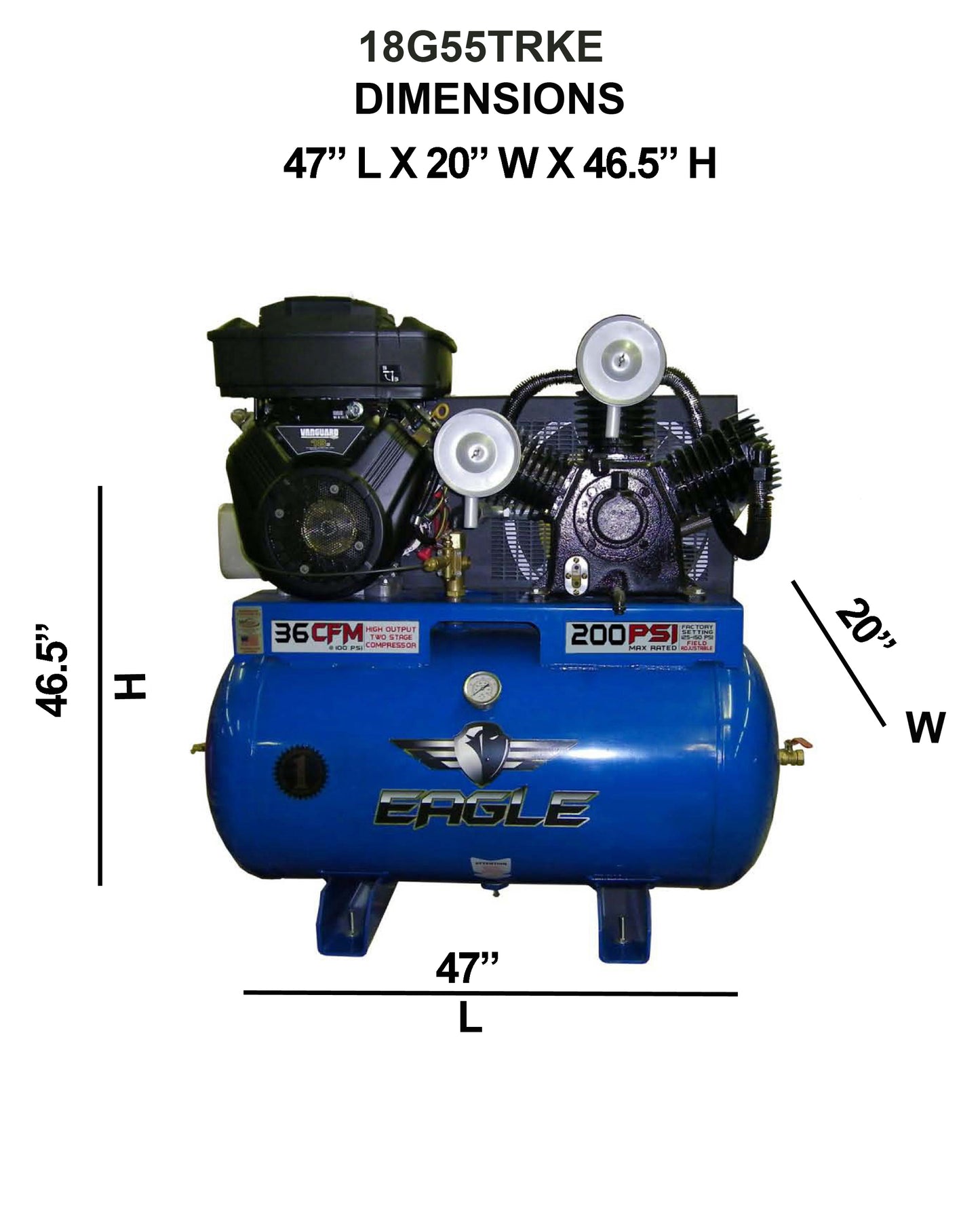 18G55TRKE Eagle 18 HP Vanguard V- Twin Electric Start 36CFM @ 100psi (200psi max) Two Stage