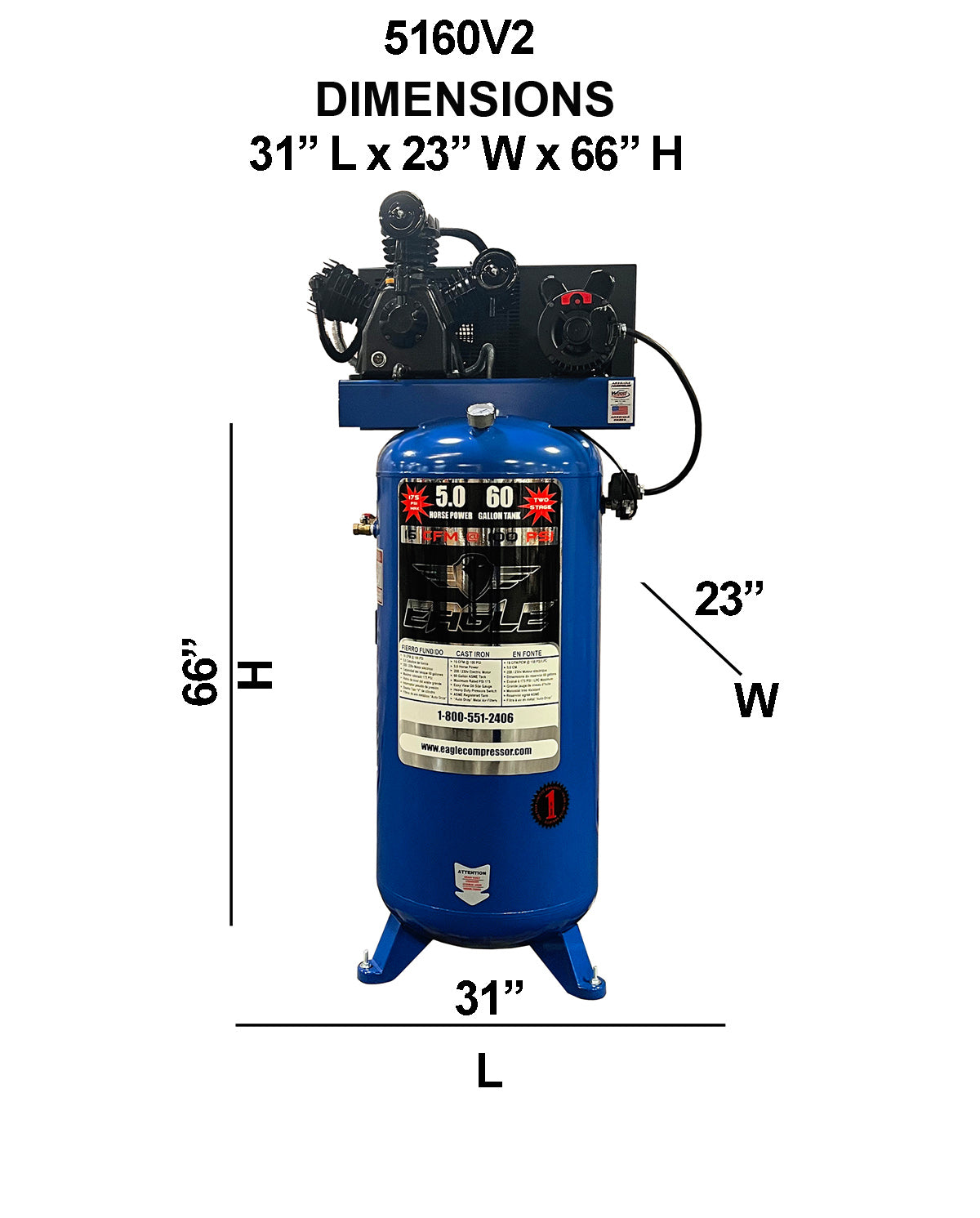 5160V2 Eagle 5 HP Upright 16 CFM @ 100psi (175psi max)    Two Stage