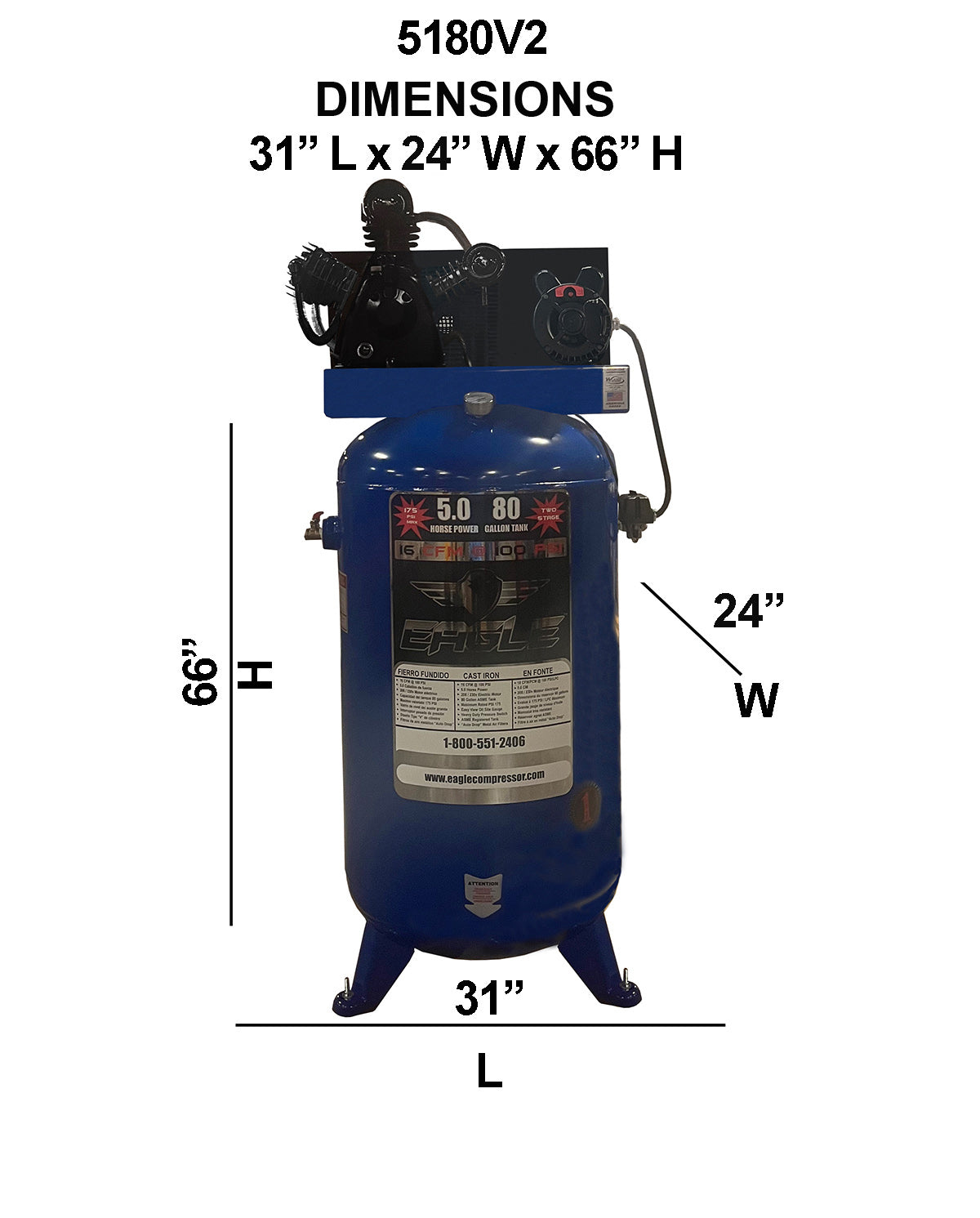 5180V2 Eagle 5 HP Upright 16 CFM @ 100 psi ( 175 psi max ) Two Stage