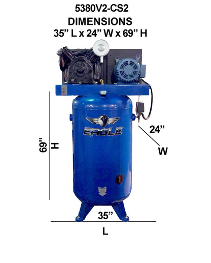 5380V2-CS2 Eagle 5 HP Upright 18.5CFM @ 100psi (175psi max ) w/ 3 Phase power 208/230 volt  Two Stage