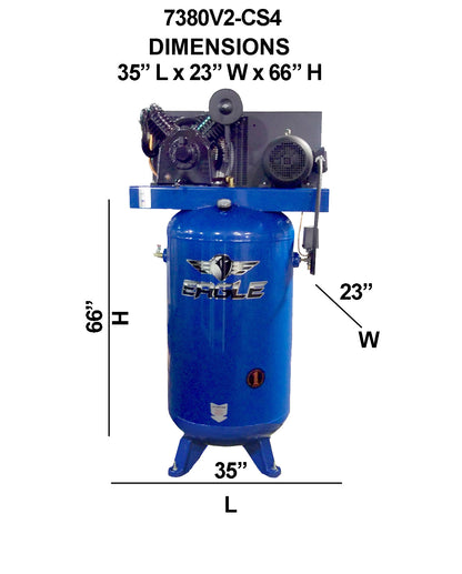 7380V2-CS4 Eagle 7.5HP Upright 24CFM w/Combo Switch (175psi max )  w/3 Phase power 208/230 volt Two Stage