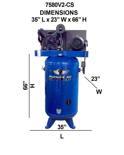 7580V2-CS Eagle 7.5HP Upright 24CFM w/Combo Switch (175psi max )  w/3 Phase power  575 volt Two Stage