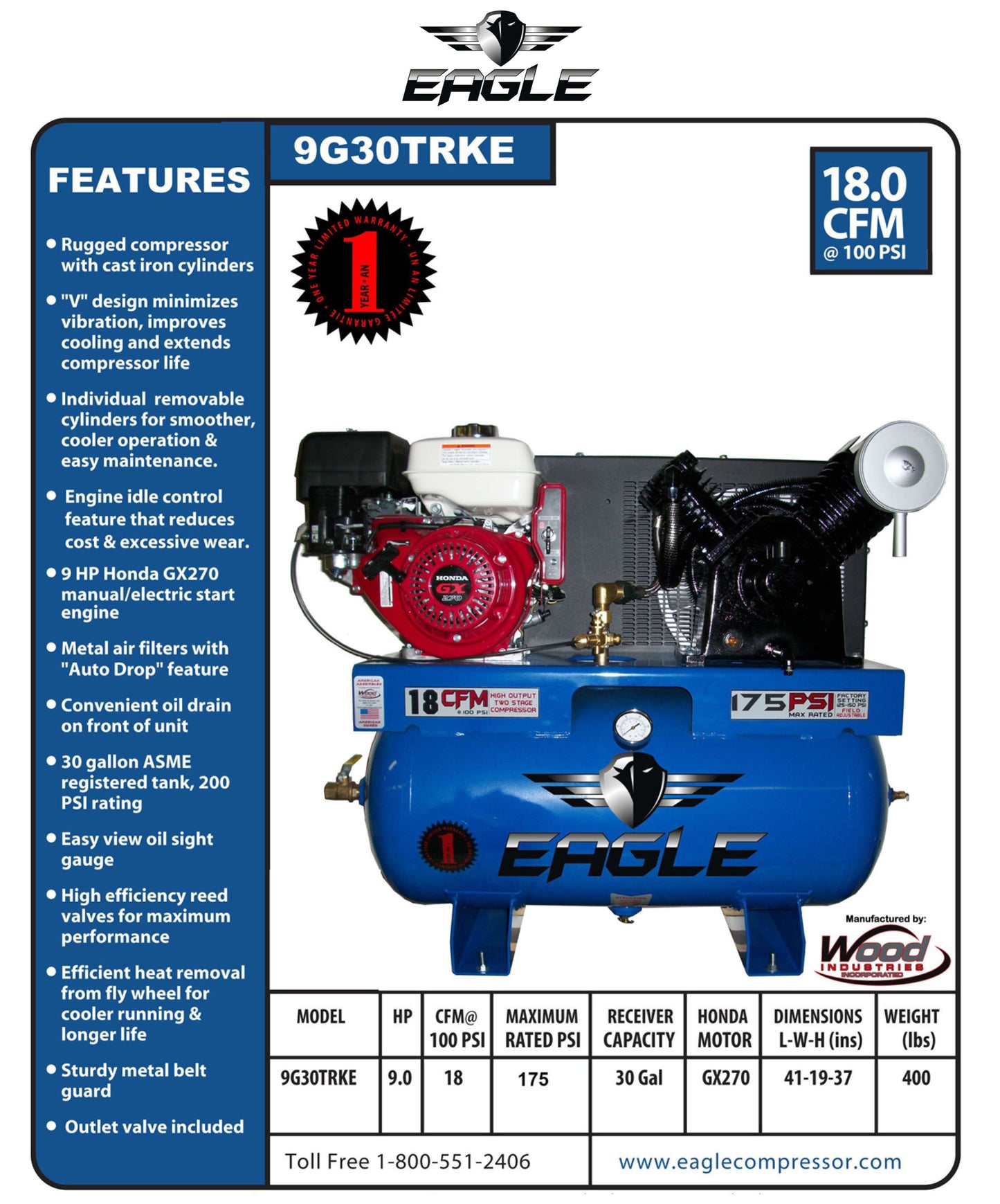 9G30TRKE Eagle 9 HP Honda Electric Start 18CFM @ 100psi (175psi max )