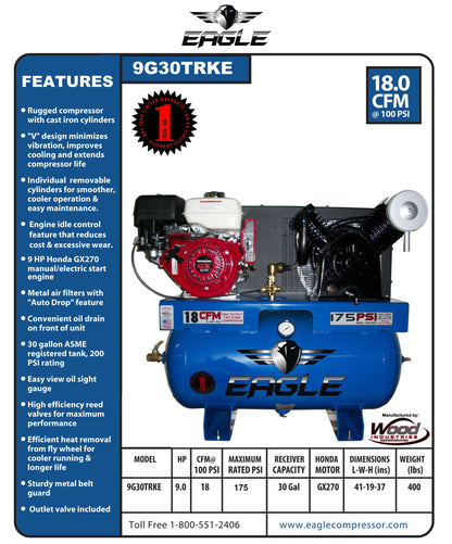 9G30TRKE Eagle 9 HP Honda Electric Start 18CFM @ 100psi (175psi max )