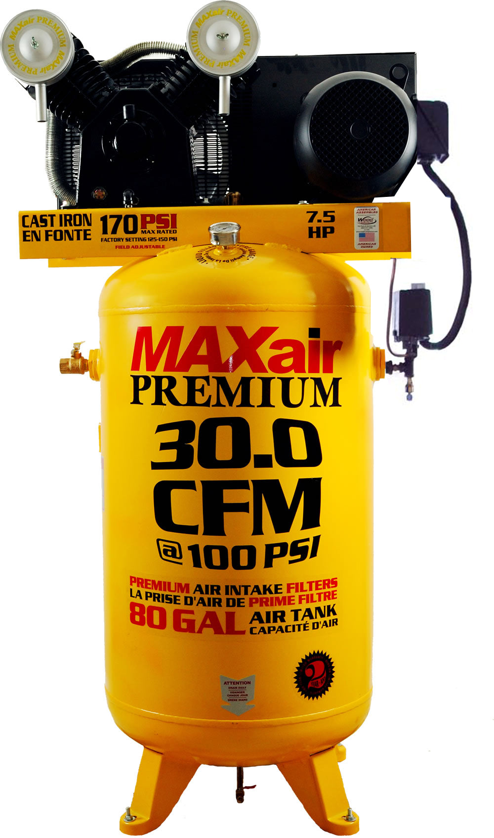 C7380V1-CS2-MAP MAXair 7.5HP Upright 30CFM @ 100psi w/Combo Switch  (170psi max) w/ 3 Phase Power 208/230 volt