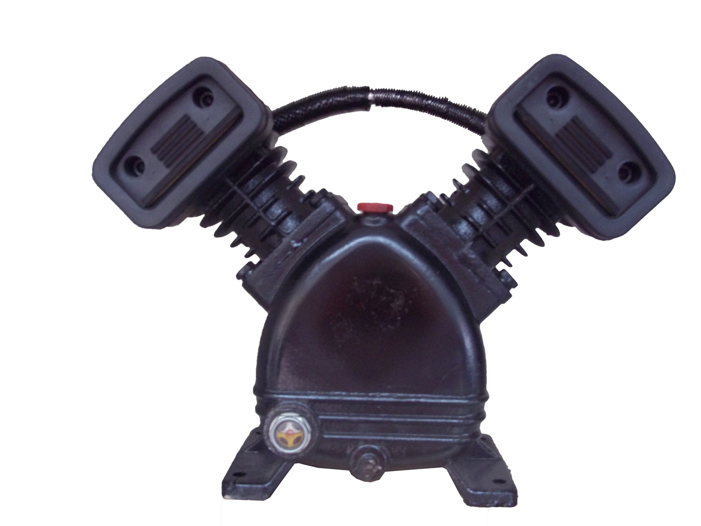 CC2051 -2 CYLINDER V-TWIN CAST IRON COMPRESSOR PUMP COMPATIBLE WITH MOST 2 HP MOTORS COMMMON FOR 20 TO 30 GALLON AIR COMPRESSORS, SINGLE STAGE 150 PSI MAX PRESSURE,  APPROXIMATELY 5 to 6 CFM