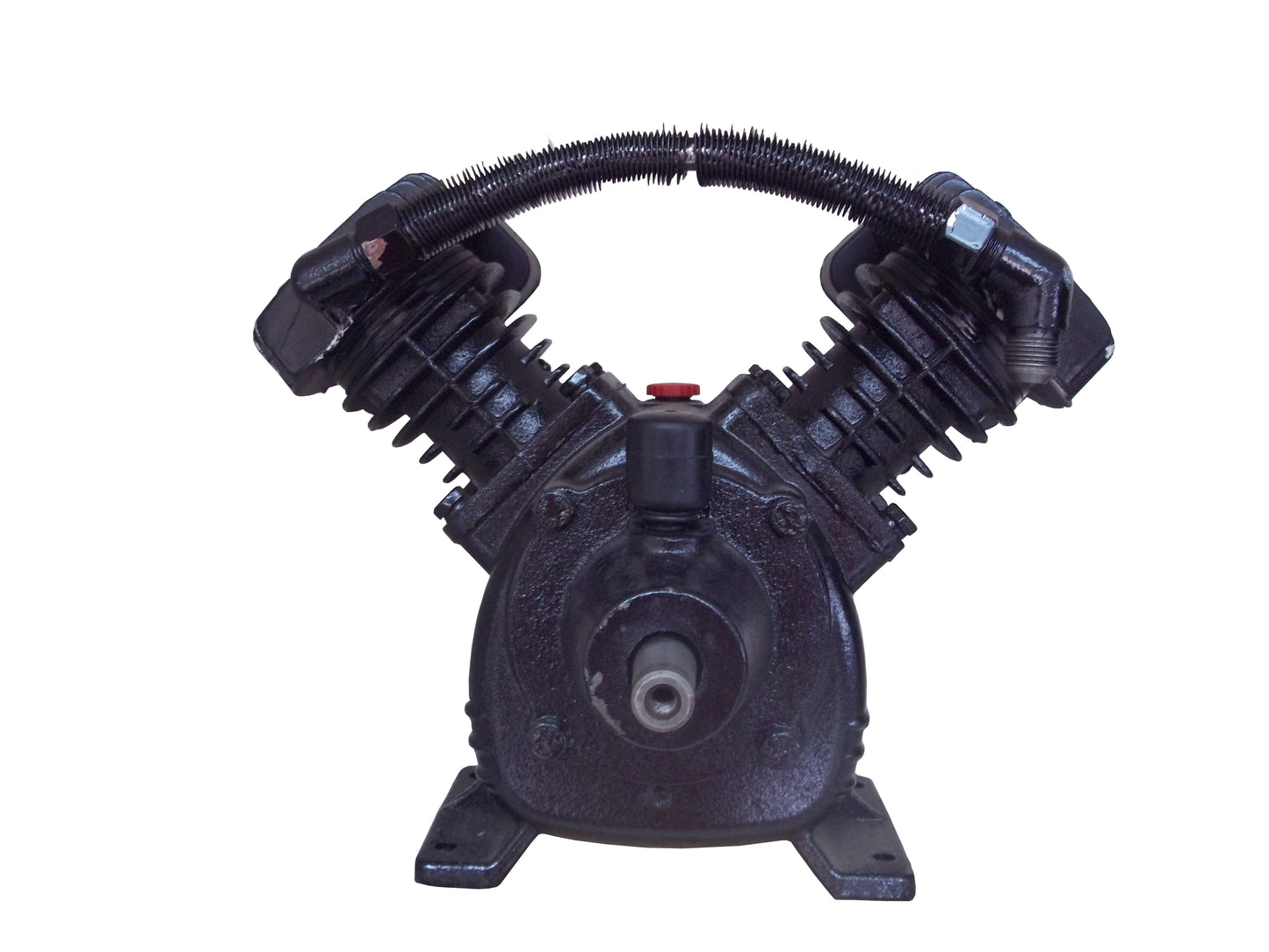 CC2051 -2 CYLINDER V-TWIN CAST IRON COMPRESSOR PUMP COMPATIBLE WITH MOST 2 HP MOTORS COMMMON FOR 20 TO 30 GALLON AIR COMPRESSORS, SINGLE STAGE 150 PSI MAX PRESSURE,  APPROXIMATELY 5 to 6 CFM