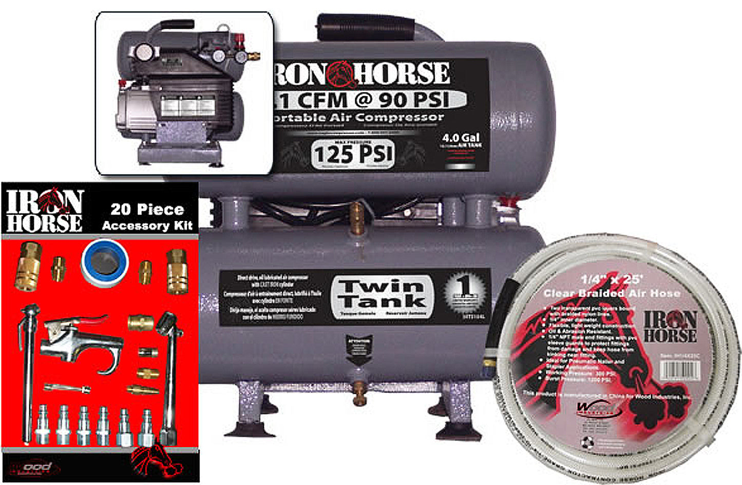 IHTS104L-AK Iron Horse 1 HP Running, 5.1CFM @ 90psi Twin Stack (125psi max)