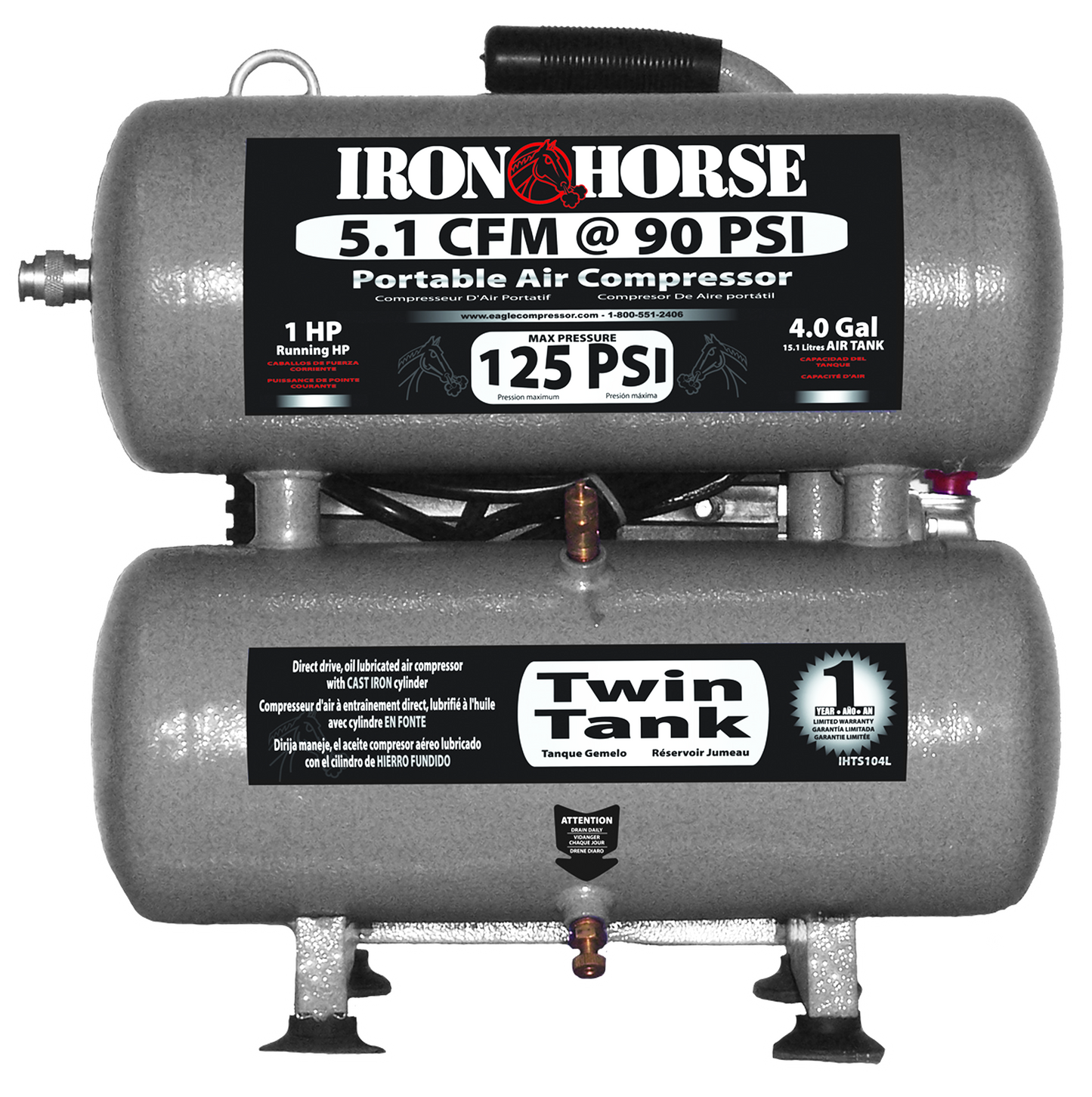 IHTS104L-AK Iron Horse 1 HP Running, 5.1CFM @ 90psi Twin Stack (125psi max)