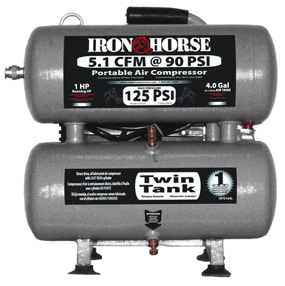 IHTS104L-AK Iron Horse 1 HP Running, 5.1CFM @ 90psi Twin Stack (125psi max)